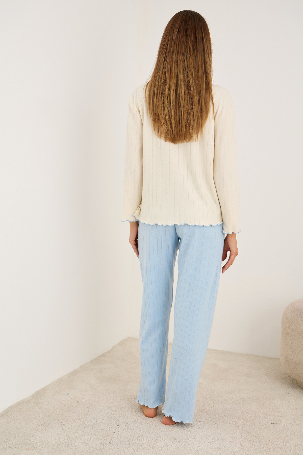 Siyah İnci  mavi kalp nakışlı Örme İnterlok Pijama Takım25226009 - Görsel 3