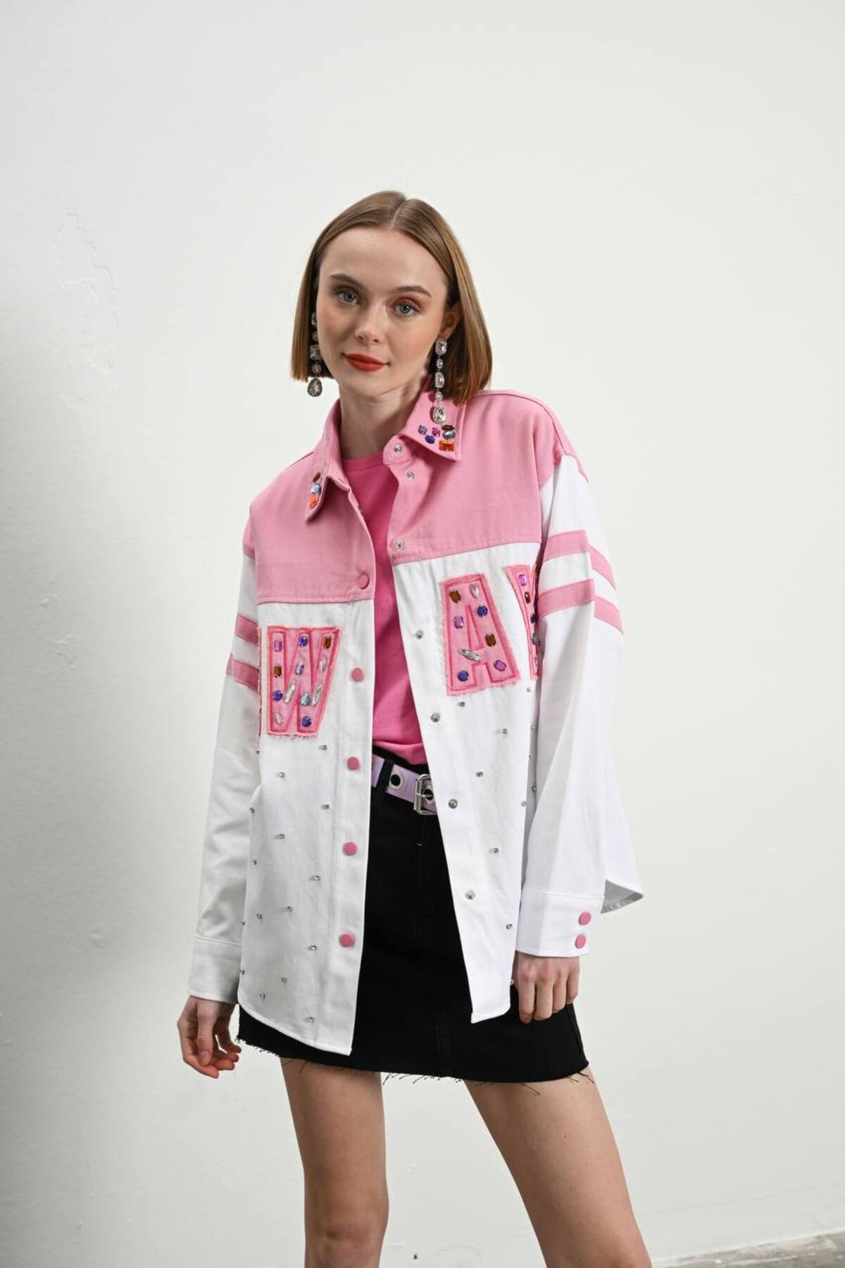 Sep Butik Pembe Beyaz Taş Dikim Ceket Gömlek