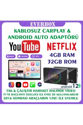 EverBox Y2 CarPlay & Android Auto Box 4GB+32GB Youtube Hareket Halinde Video,...