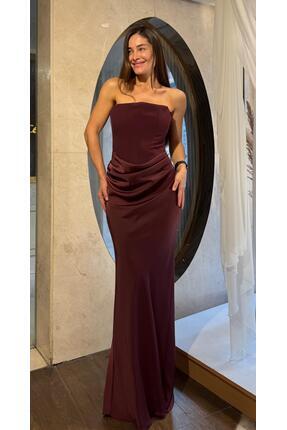 SpringStore Bordo Üstü Krep Altı Saten Abiye