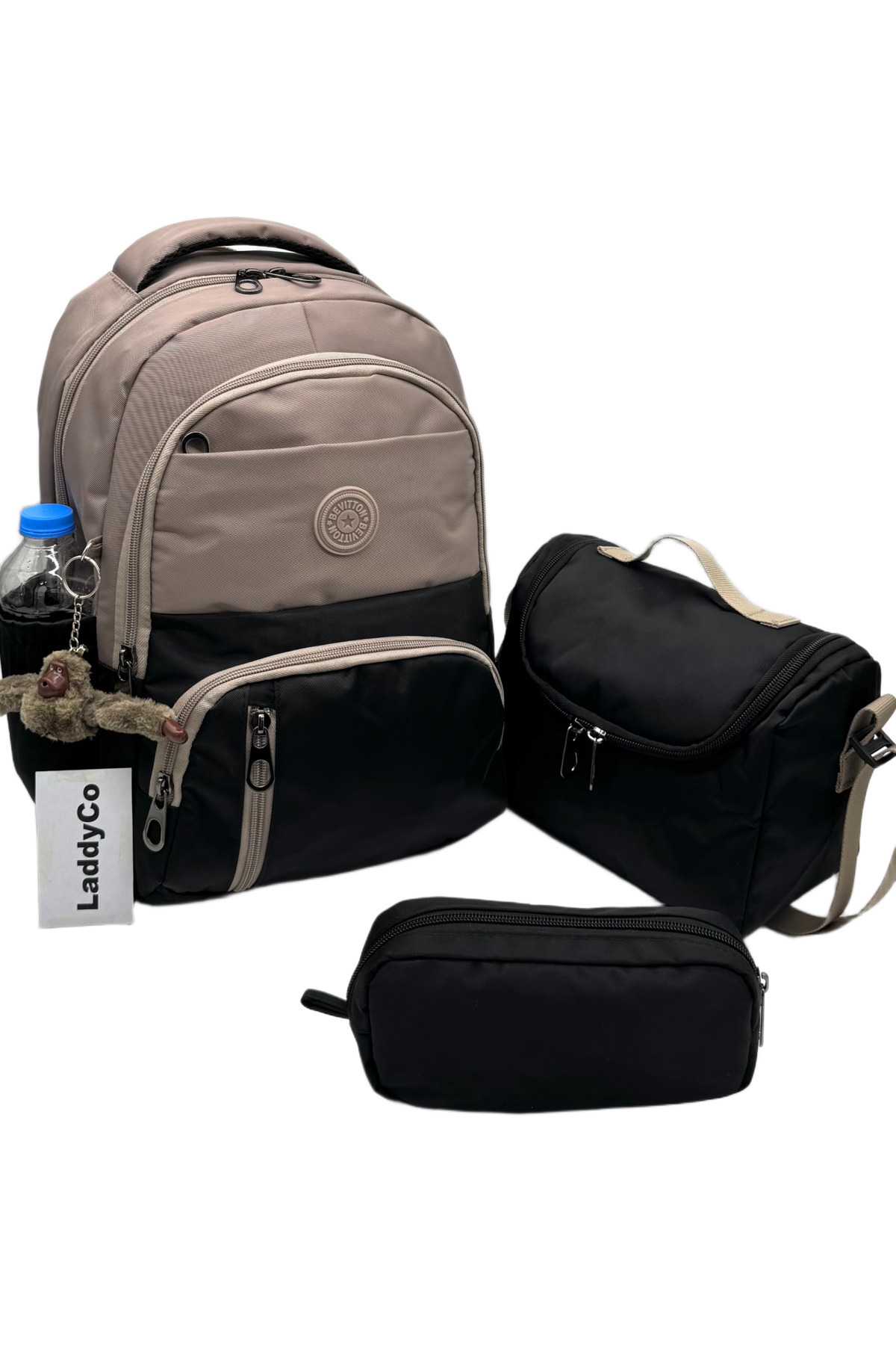 LaddyCo Suya Dayanıklı İlk Okul Çantası 3'lü Seti Unisex Çocuk İlkokul Çantası Ldc-8010 Vizon-Siyah