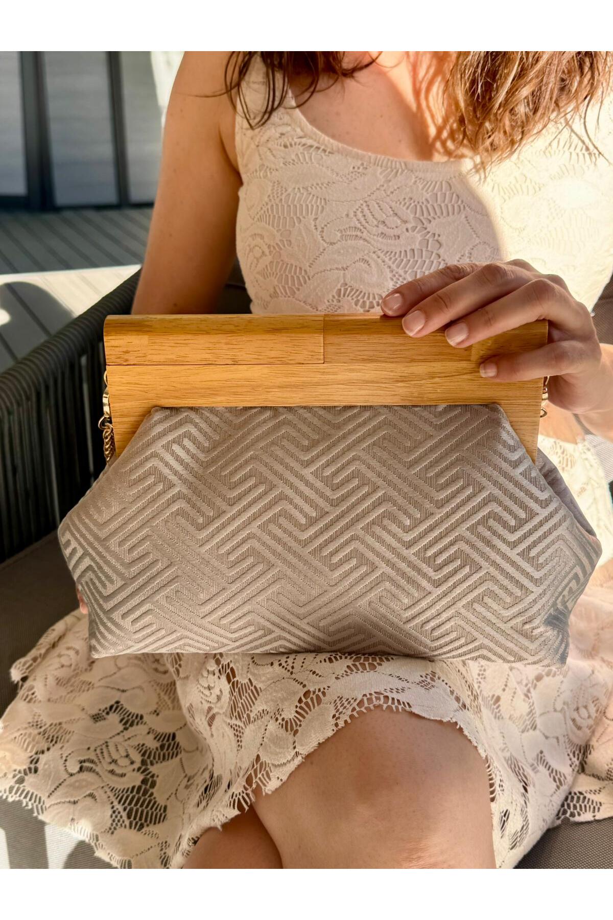 Bahram Petite - Chained, Wooden Scholarship Fabric Bag, Clutch, Handbag, Sleeve Bag, Shoulder Bag