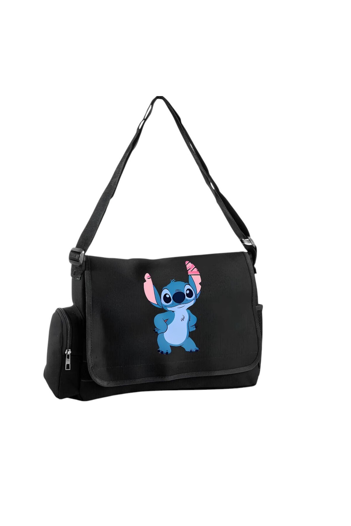DEEFWEAR Siyah Sevimli Stitch Baskılı Unisex Postacı Çantası