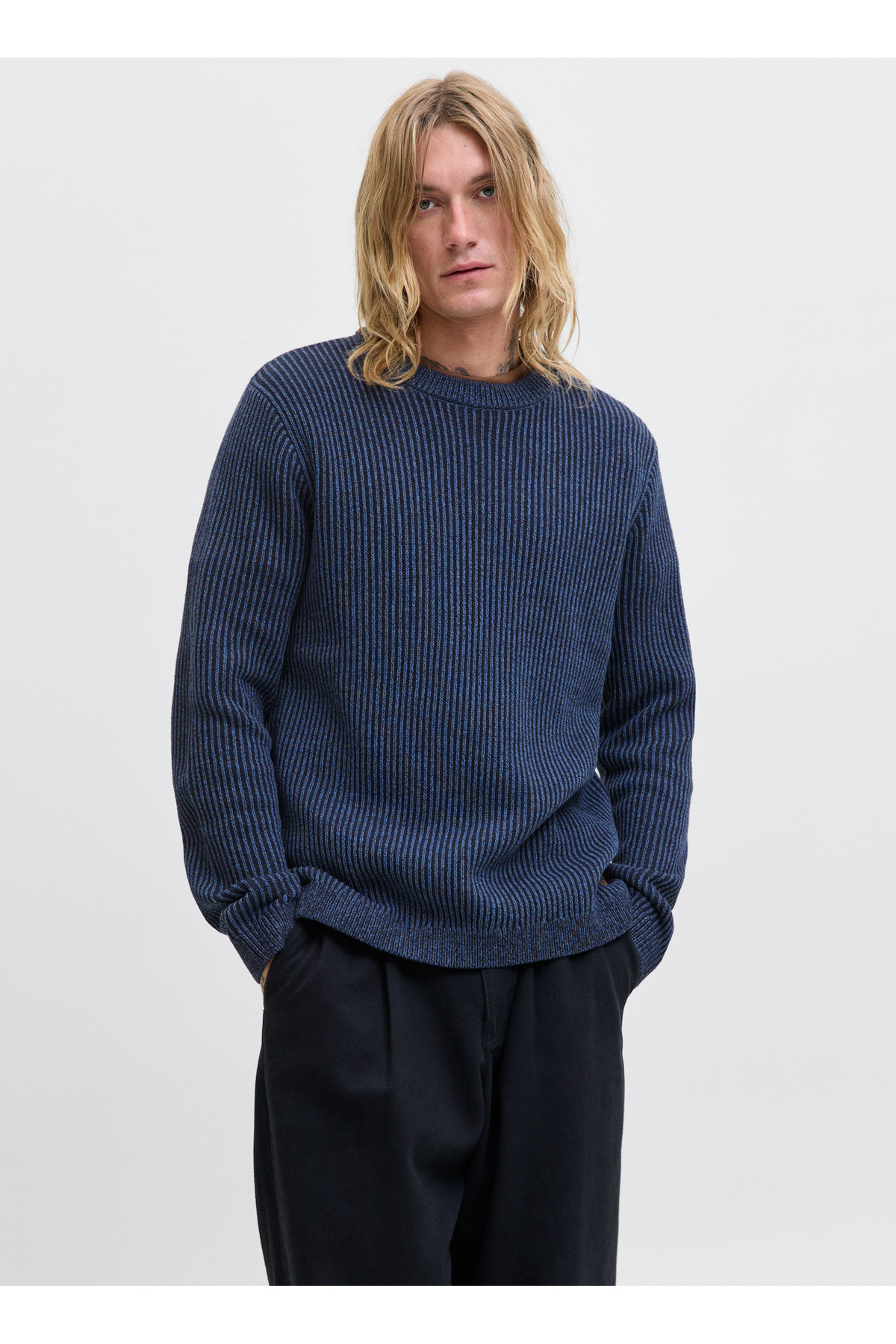 جک اند جونز ژاکت مردانه معمولی آبی ناوی 12278816_JJEDOVER KNIT CREW NECK SN
