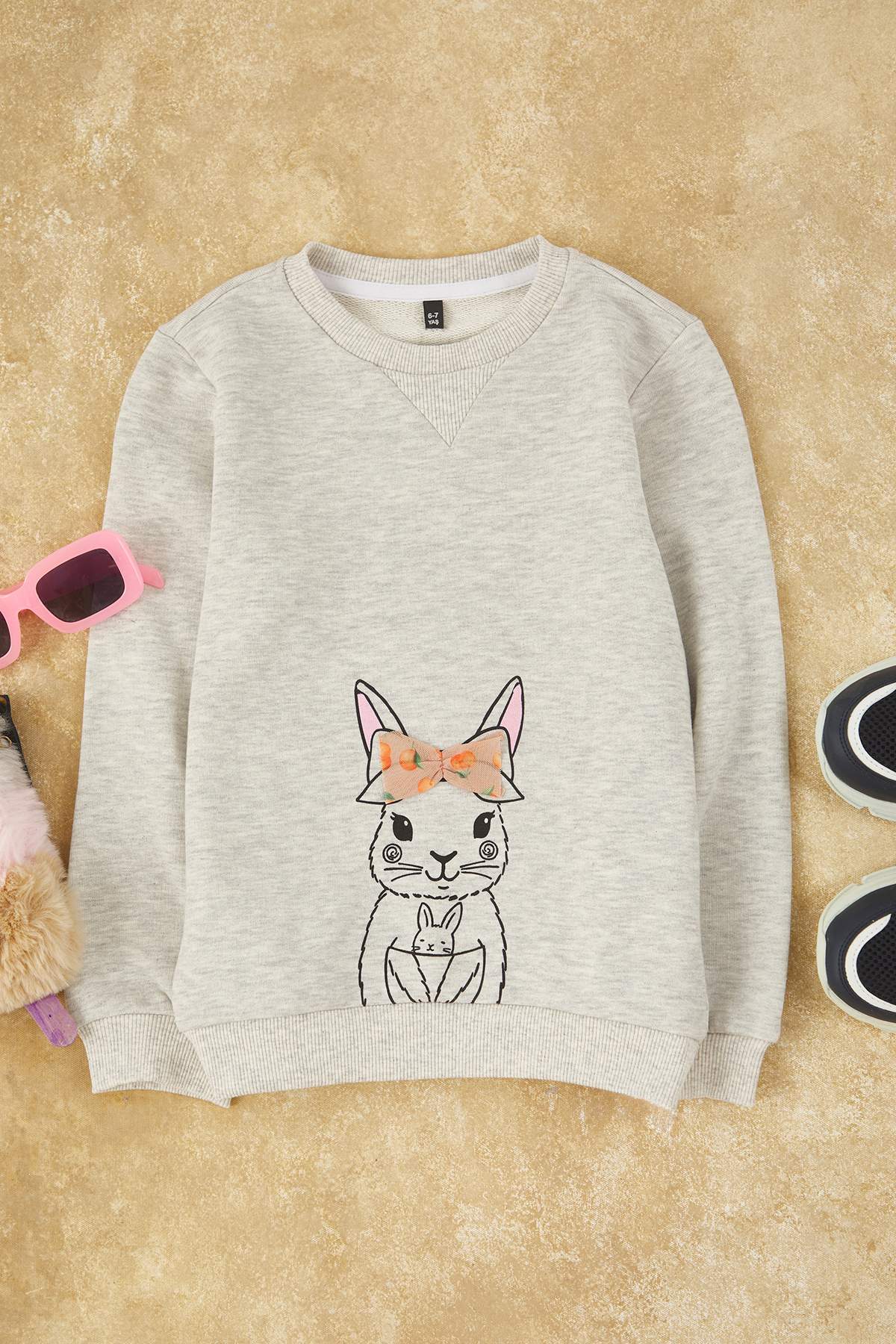 Trendyolmilla  Kar Melanj Animal Baskılı Regular Kalın/İçi Polarlı Kız Çocuk Örme Sweatshirt TKDAW26SW00050 - Görsel 2