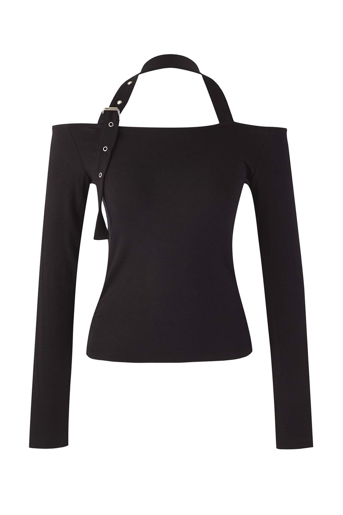 Trendyolmilla  Siyah Boyundan Aksesuar Kemer Detaylı Fitted/Vücuda Oturan Örme Bluz TWOAW26BZ00197 - Görsel 5