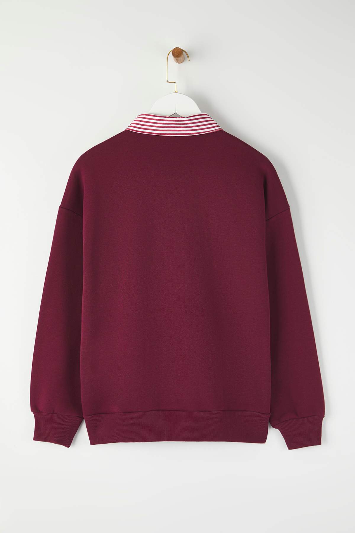 Trendyolmilla  Bordo Dokuma Garni Detaylı Oversize Kalıp Polo Yaka Kalın içi Polarlı Örme Sweatshirt TWOAW26SW00116 - Görsel 6