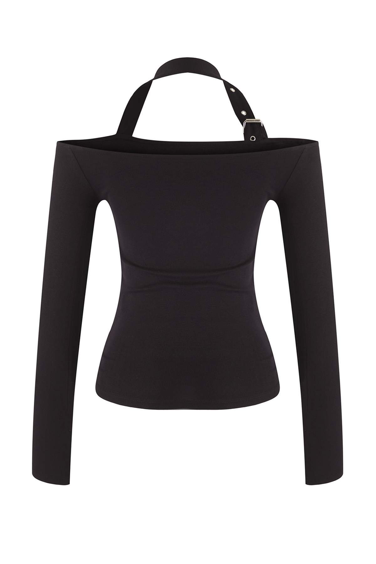 Trendyolmilla  Siyah Boyundan Aksesuar Kemer Detaylı Fitted/Vücuda Oturan Örme Bluz TWOAW26BZ00197 - Görsel 6