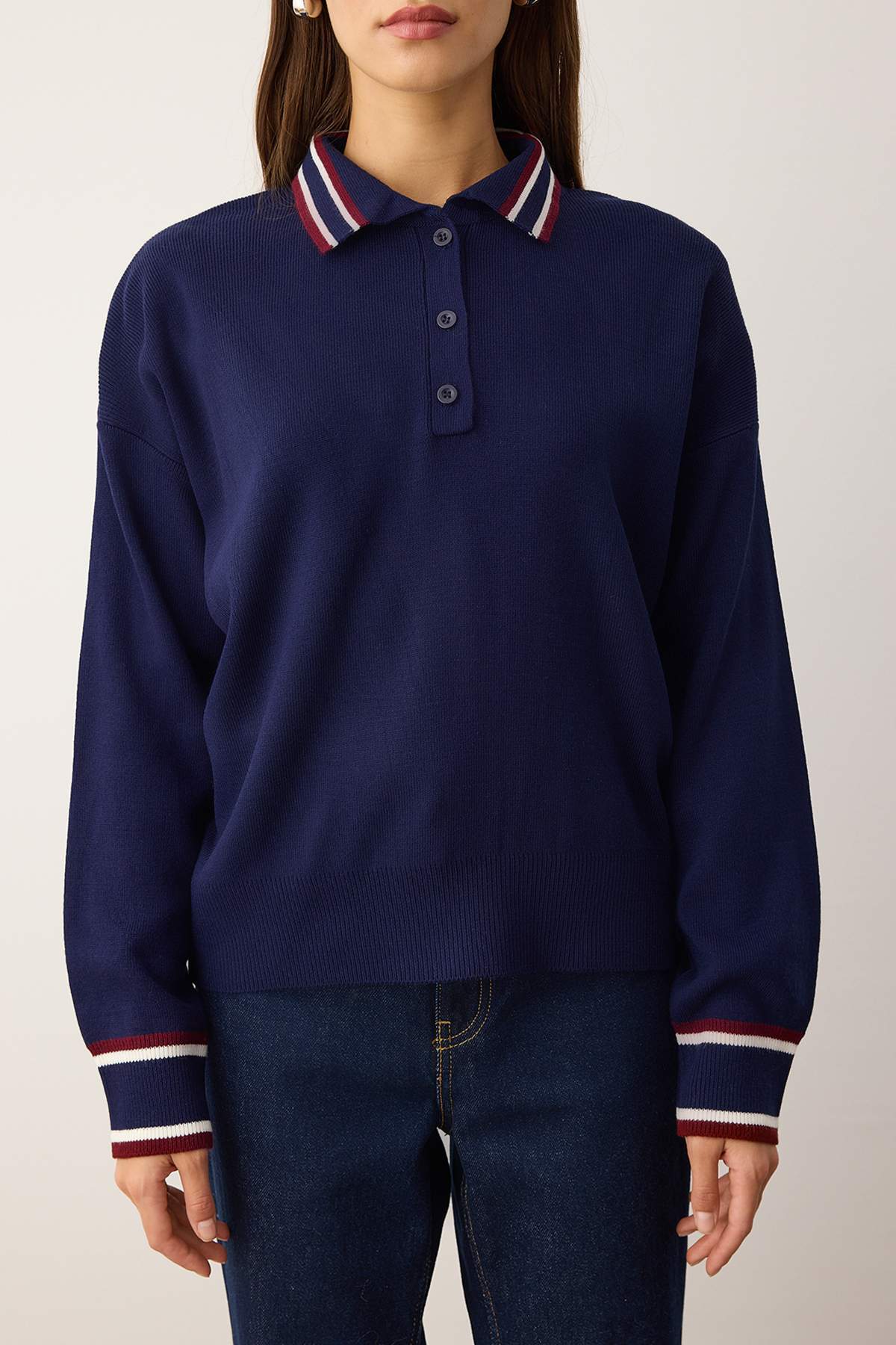 Trendyolmilla  Lacivert Renk Bloklu Polo Yaka Triko Kazak TWOAW26KZ00238 - Görsel 3