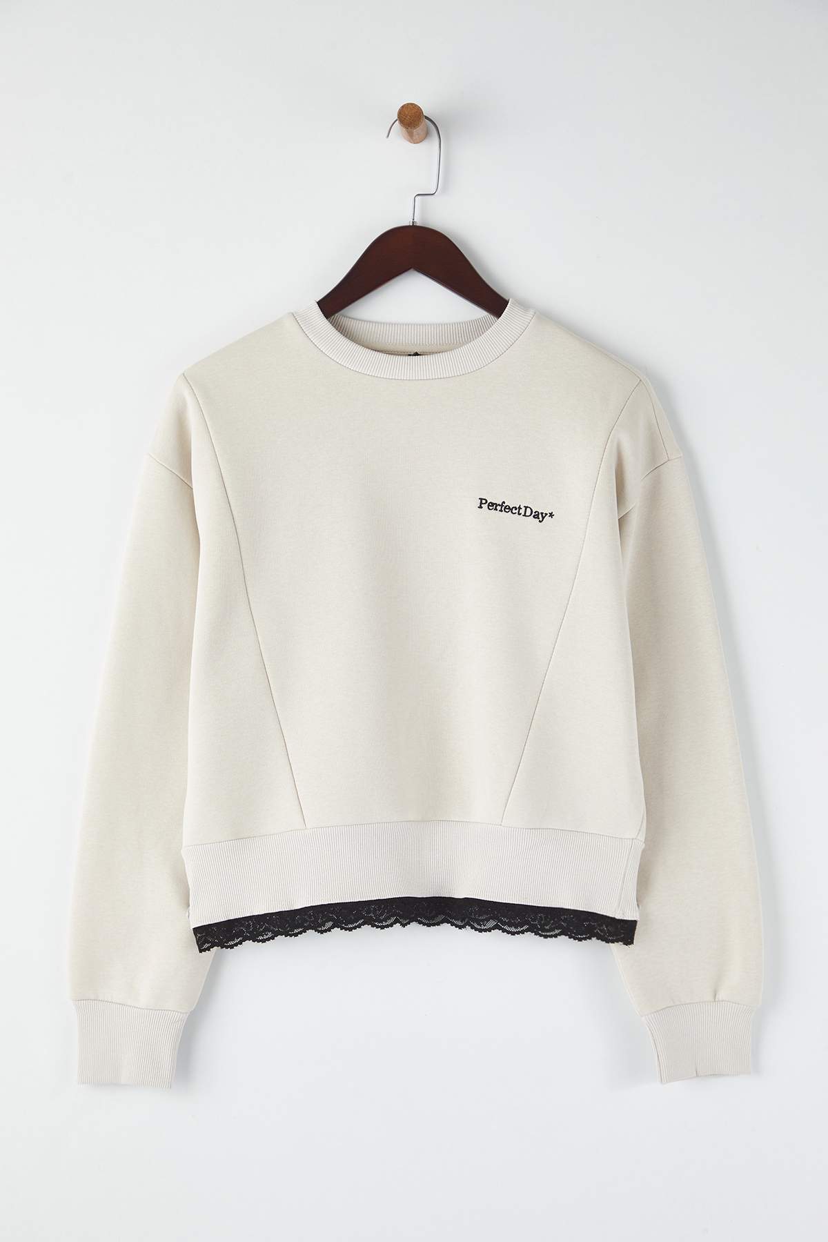 Trendyolmilla  Teen Taş Regular Dantel Detaylı Slogan Nakışlı Kalın İçi Polarlı Örme Sweatshirt TWOAW26SW00153 - Görsel 5