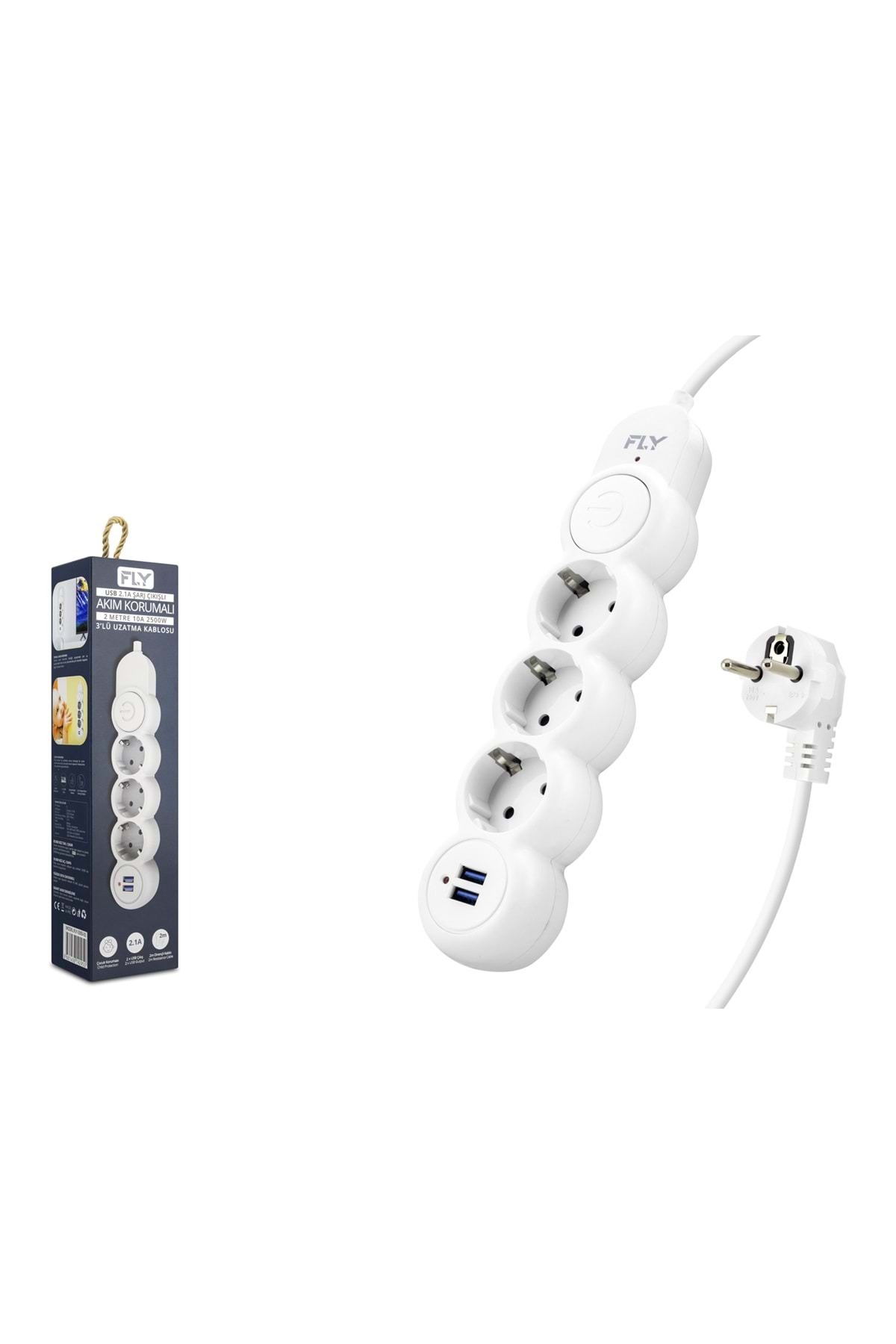 Fly 3393-01 Termal Akım Korumalı Uzatma Kablosu 3 Priz 2 USB