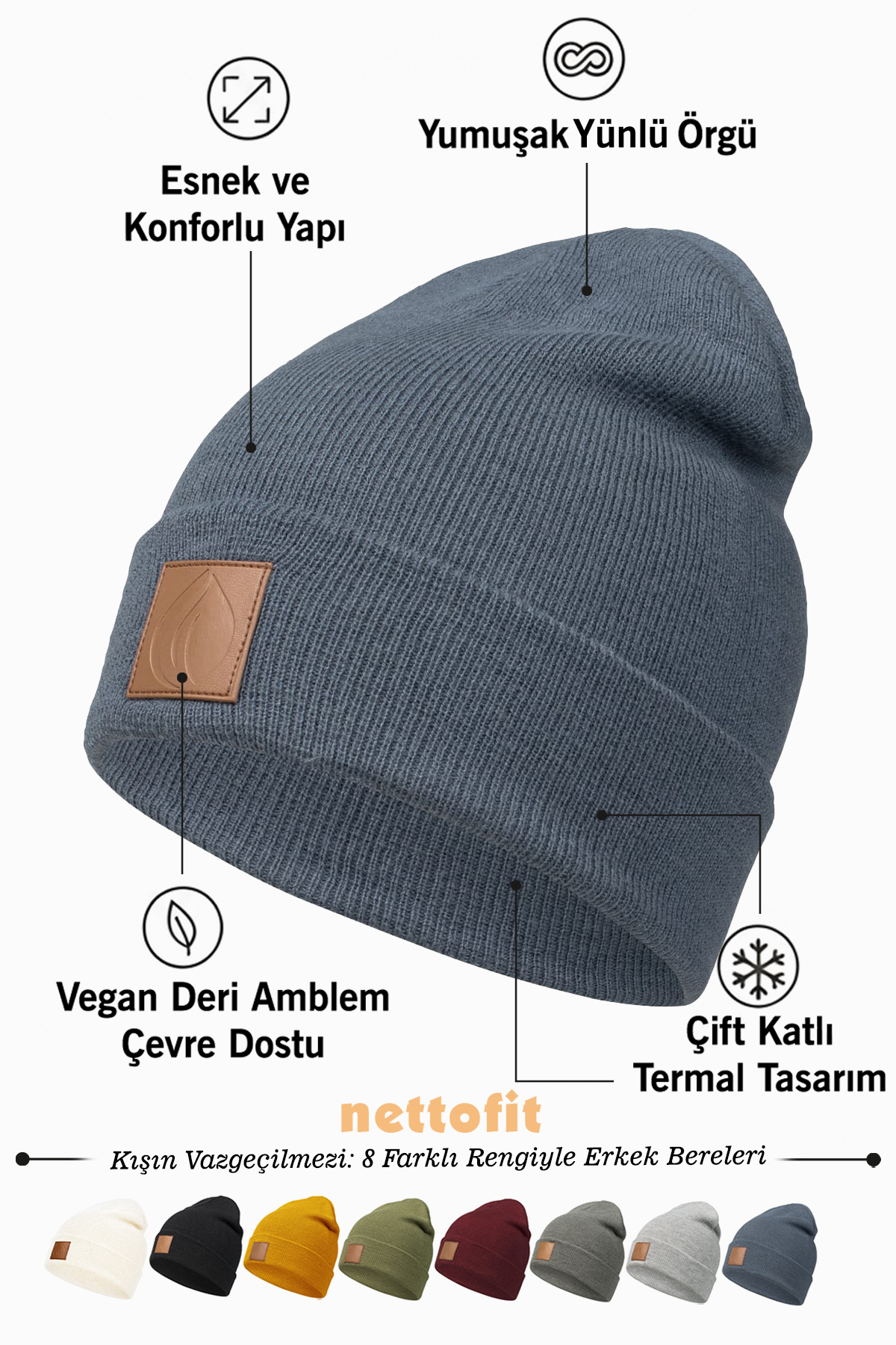 nettofit Erkek Kışlık Deri Etiket Detaylı Indigo Yün Bere