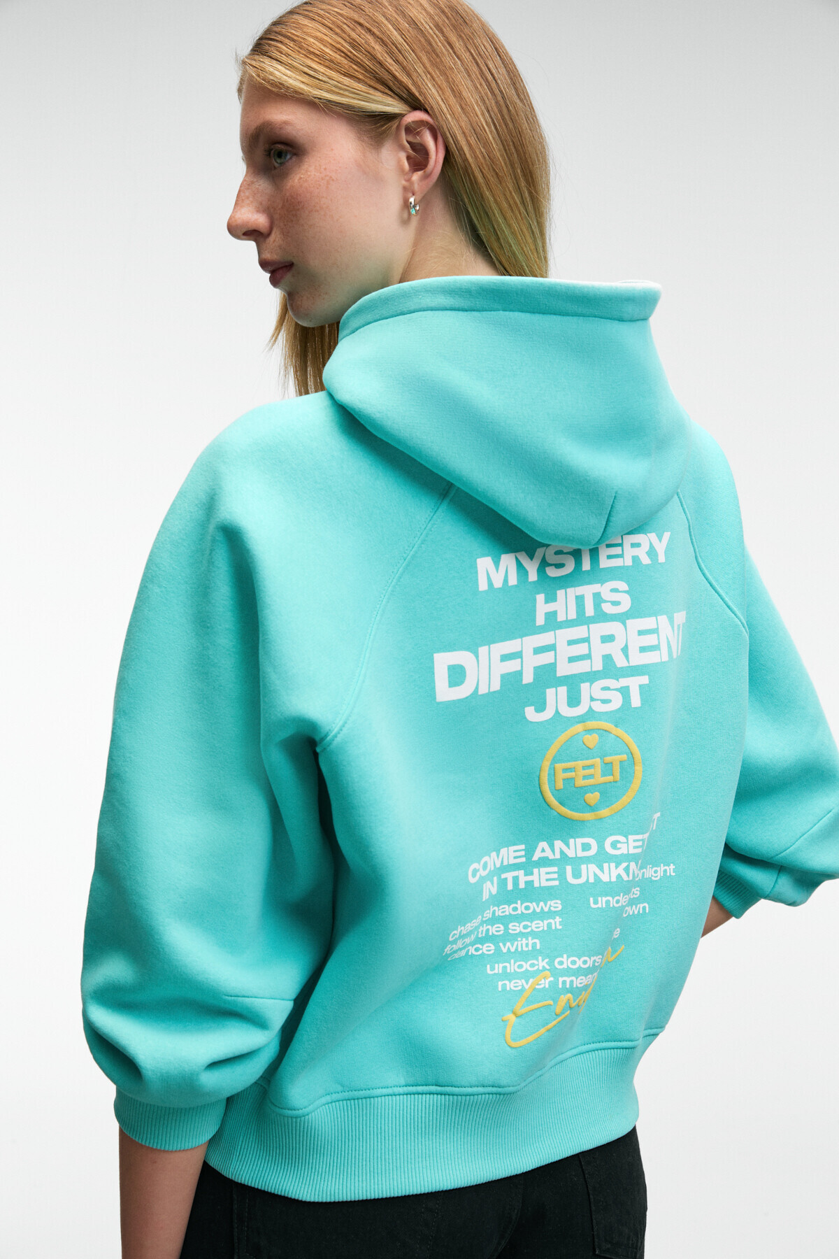 GRIMELANGE Orinque Women's Hooded Print and Embroidery Detailed Oversize Turquoise Sweatshirt
