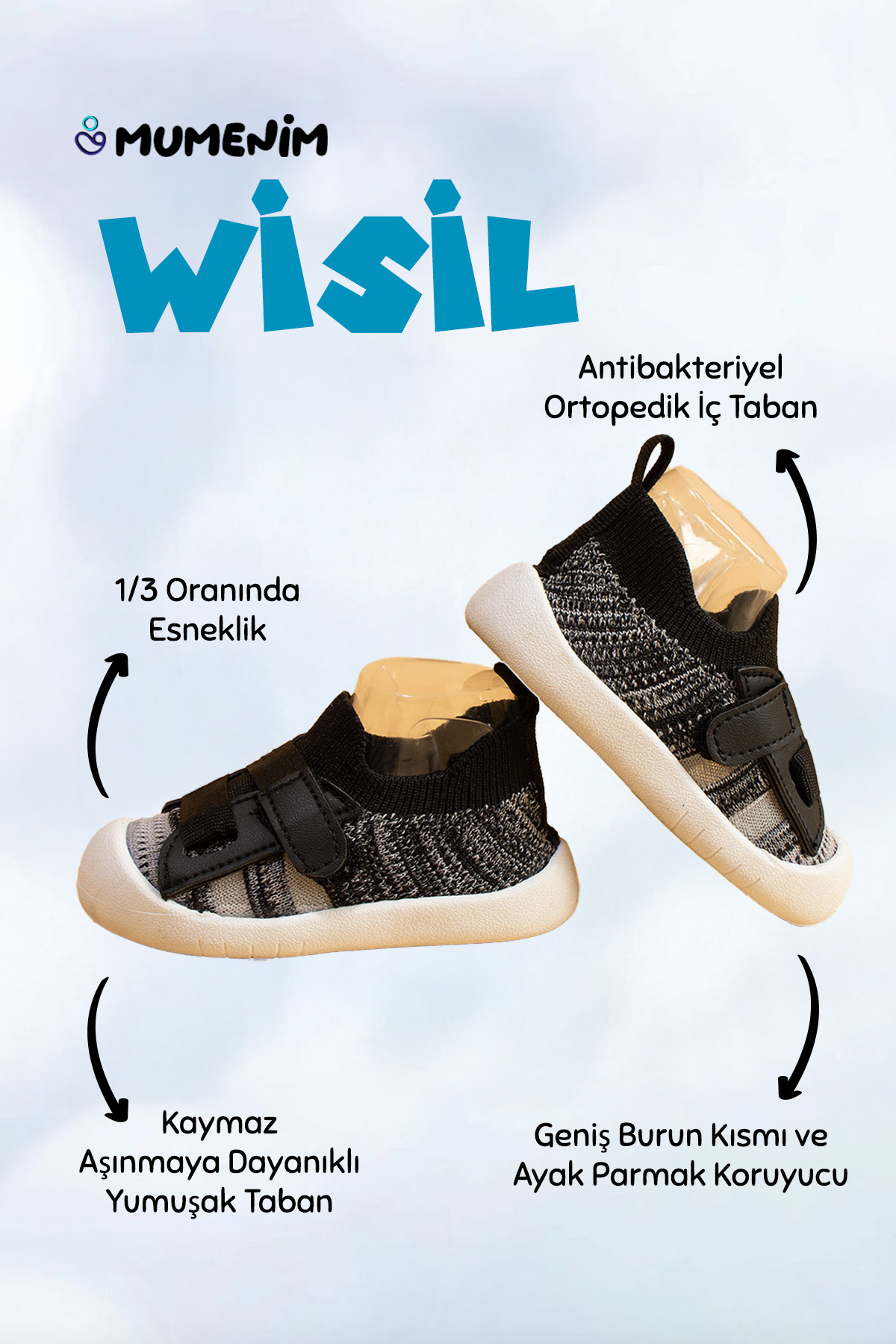 Mumenim Wisil Unisex Çocuk&Bebek Cırt Cırtlı, Şık, Esnek, Yumuşak Ortopedik Taban Siyah İlk Adım Ayakkabısı fotoğrafı 2 (önizleme)