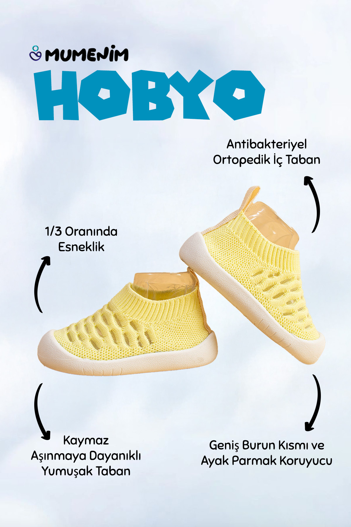 Mumenim Hobyo Unisex Çocuk&bebek Esnek, Kaymaz Ortopedik Taban Sarı Ilk Adım Ayakkabısı fotoğrafı 2 (önizleme)