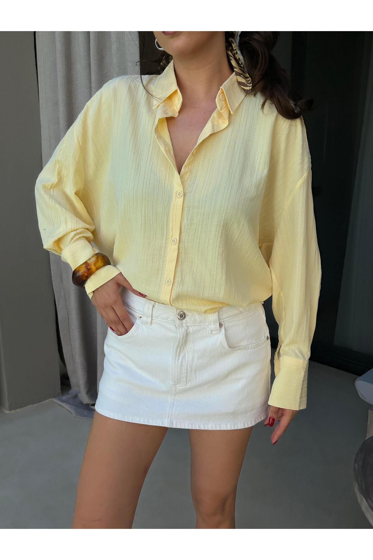 minaaise  Sarı Oversize Geniş Manşetli Kadın Gömlek 27384 - Görsel 8