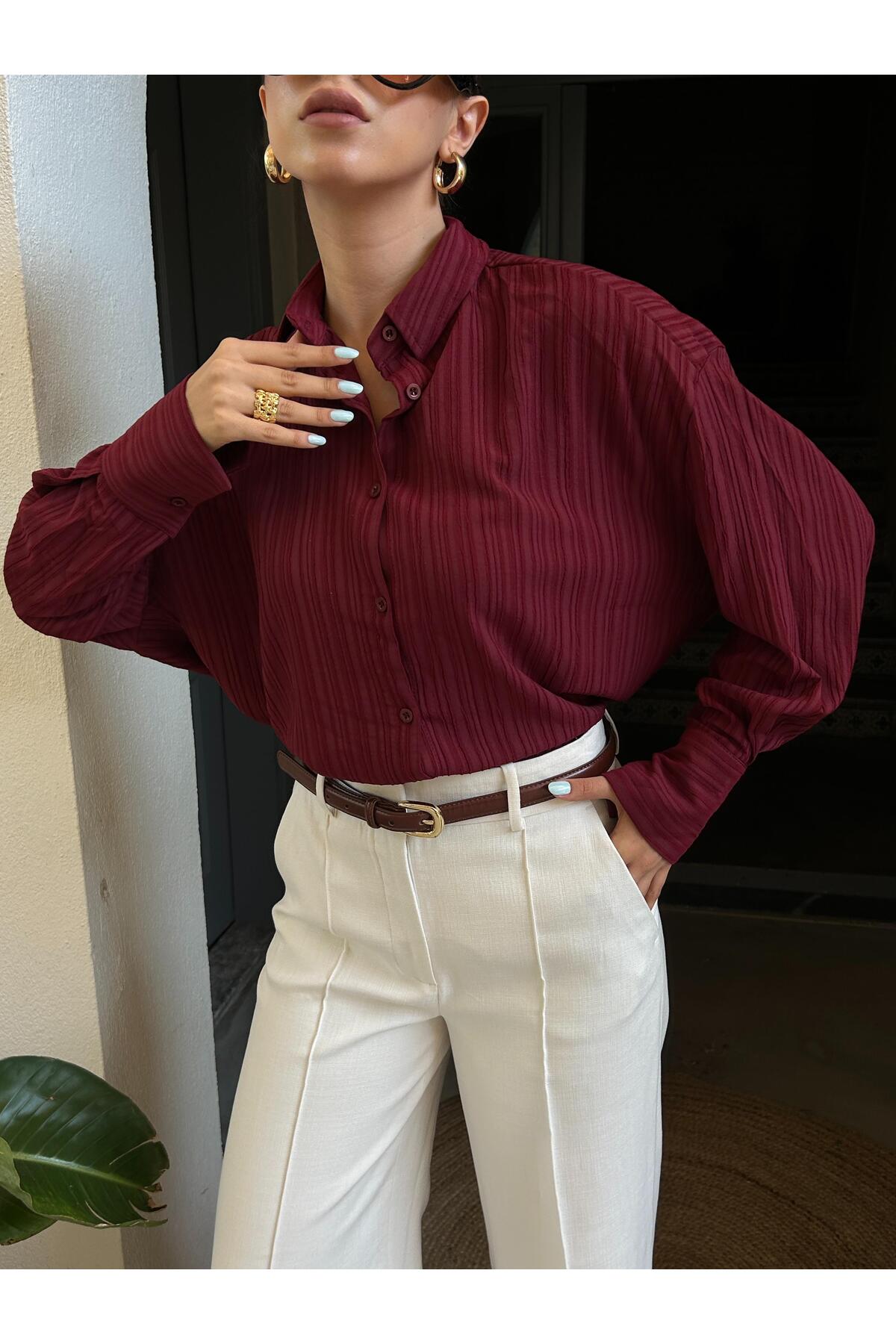 minaaise Bordo Oversize Geniş Manşetli Kadın Gömlek 27384 fotoğrafı 7 (önizleme)