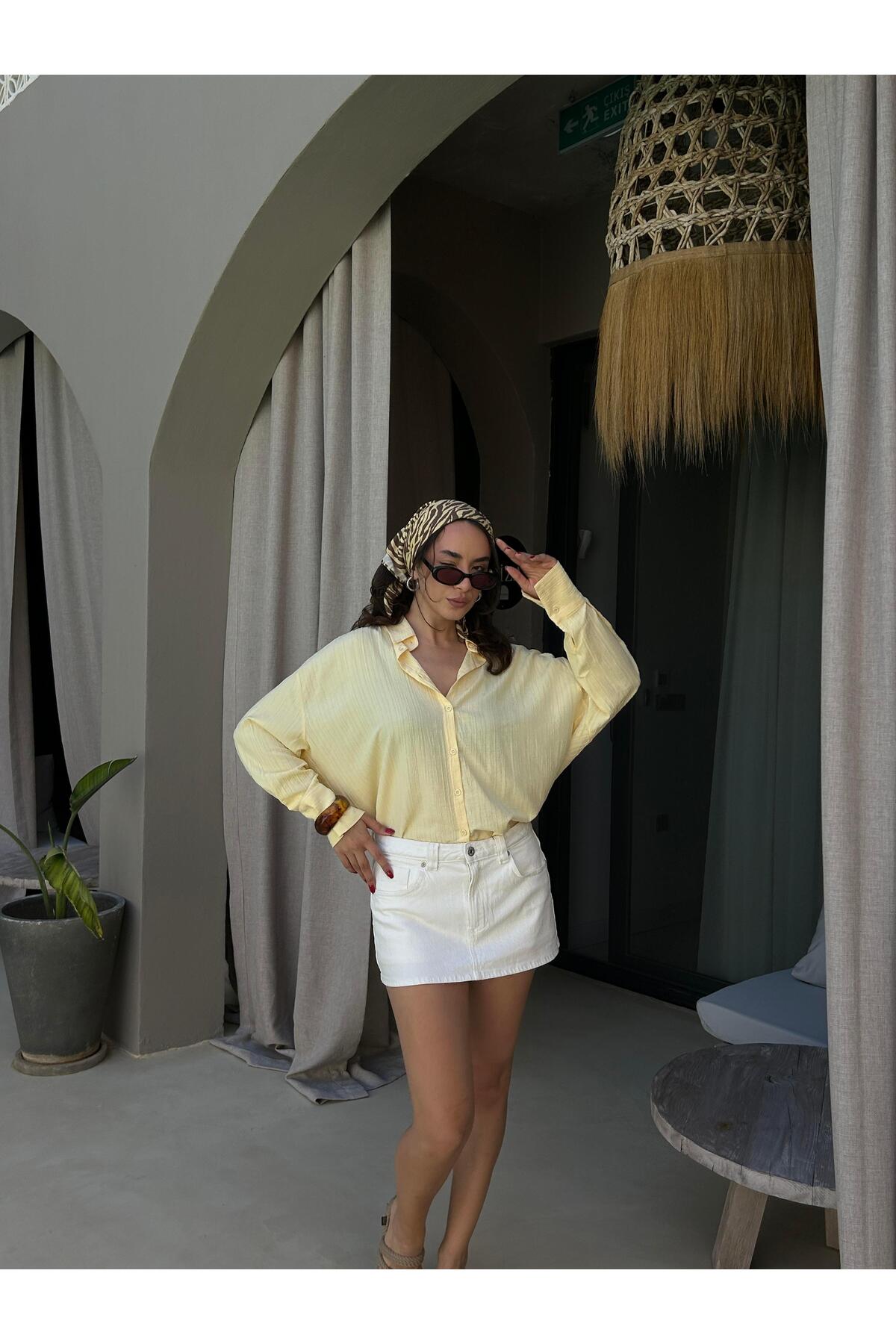 minaaise  Sarı Oversize Geniş Manşetli Kadın Gömlek 27384 - Görsel 7