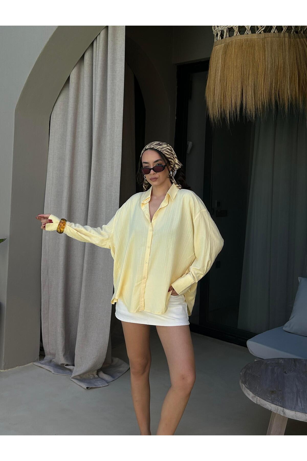 minaaise  Sarı Oversize Geniş Manşetli Kadın Gömlek 27384 - Görsel 2