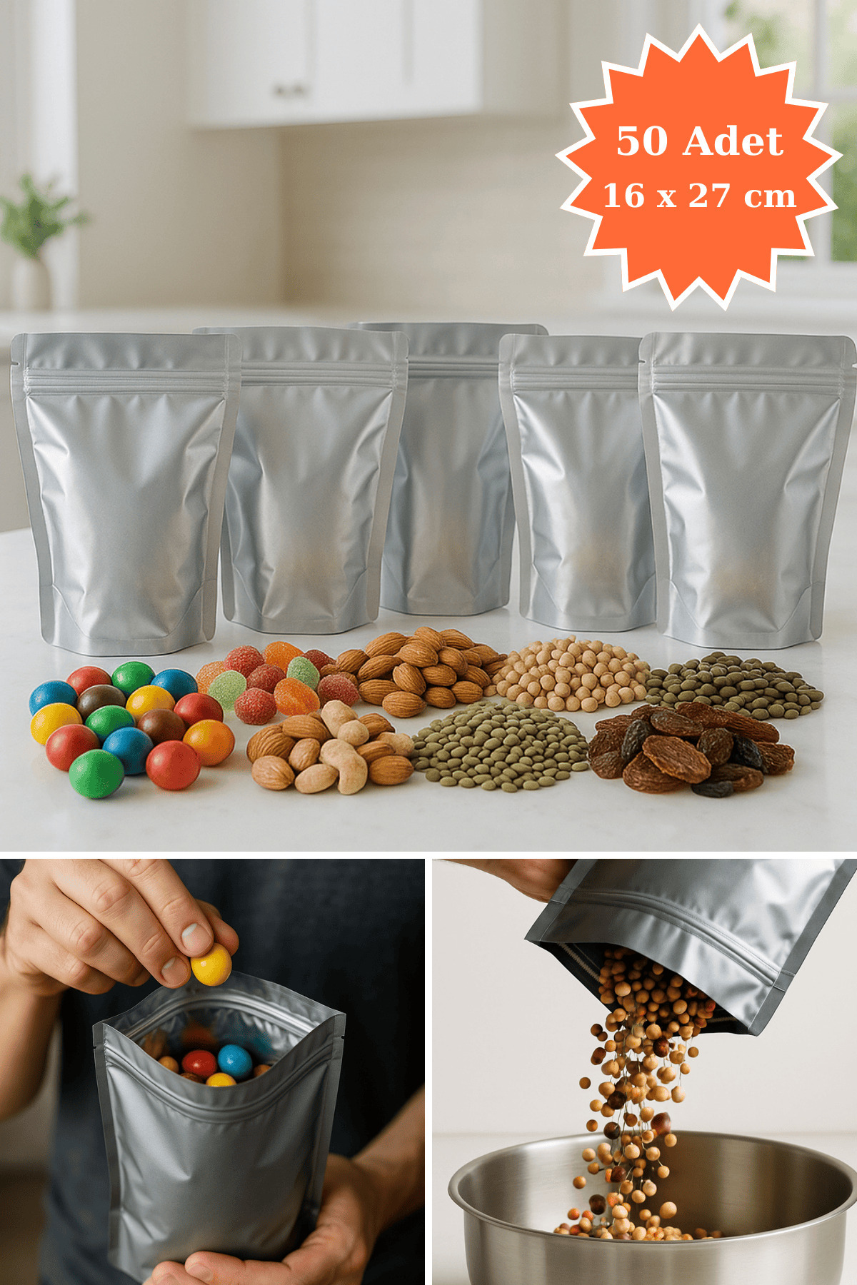 PlasandPlus Kilitli Alüminyum Doypack Kahve Kuruyemiş Bakliyat Kedi Köpek Kuş Yemi Saklama Torbası 16x27 cm 50Li