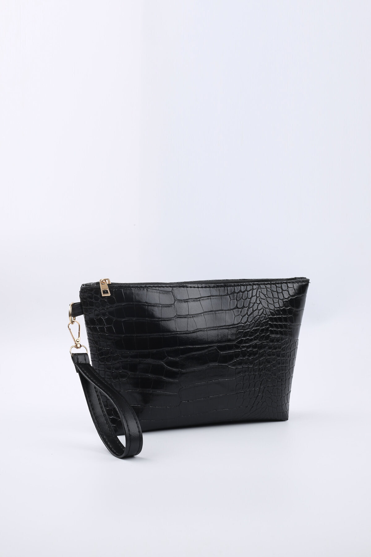 Bagfoni Kadın Siyah Kroko Desenli Seyahat Kozmetik Plaj Makyaj Clutch El Çantası Organizatör Makeup Bag görsel 2