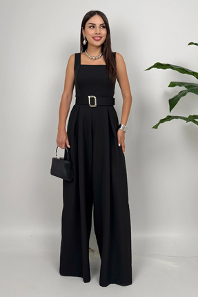 Dolcha Noir Flow Kadın Siyah Kemerli Askılı Bol Paça Tulum – Zarif Şıklık