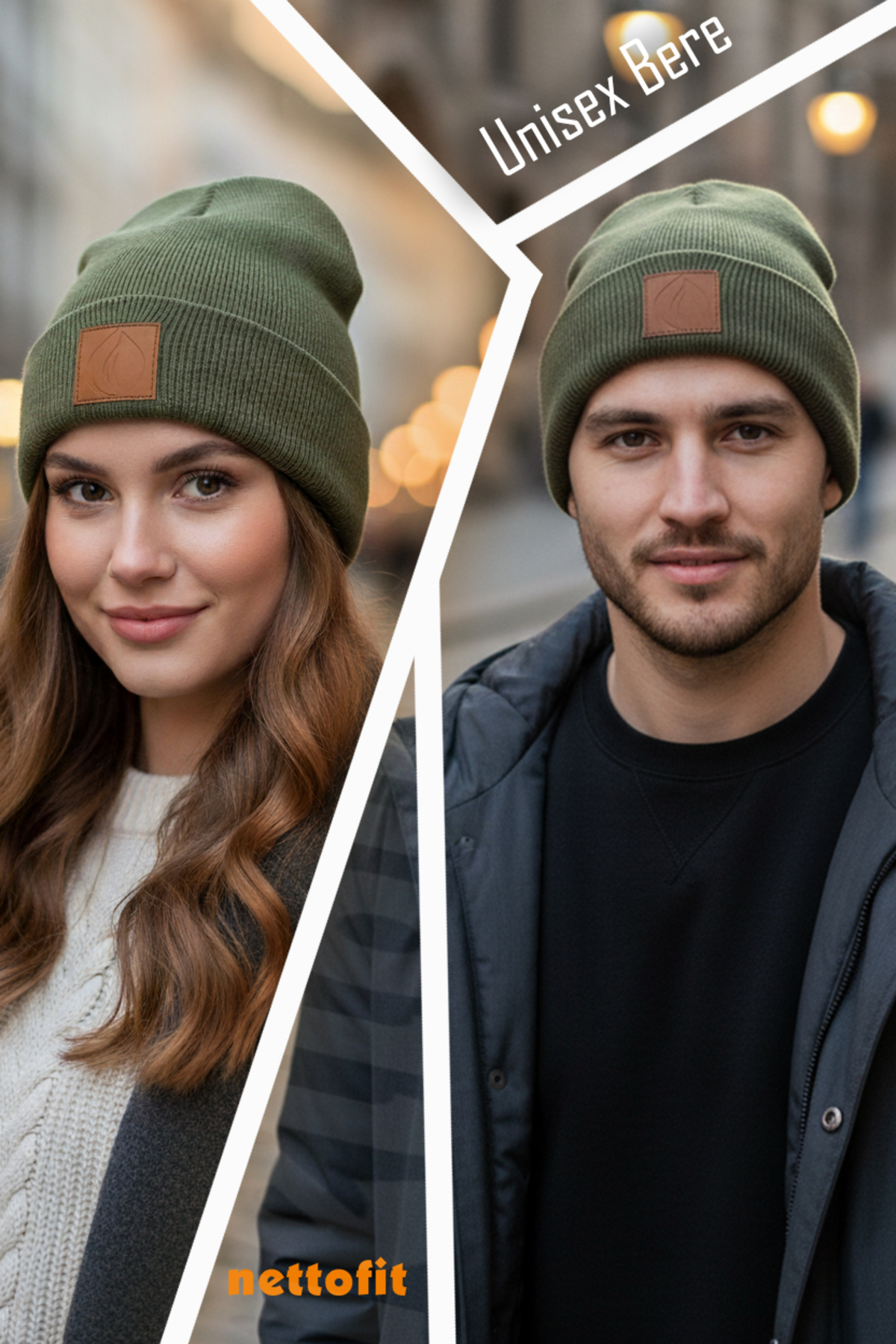 nettofit  Unisex Kışlık Deri Etiket Detaylı Haki Yün Bere - Görsel 2