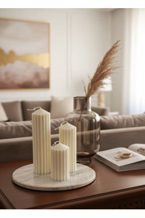 MUM Dekoratif Kabartmalı Silindir Mum 3’lü Set – Krem Renk | Kokusuz El Yapım...