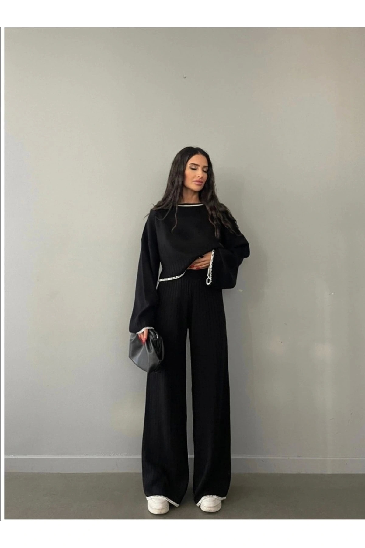 Genel Markalar Kadın Siyah Fitilli Triko Takım