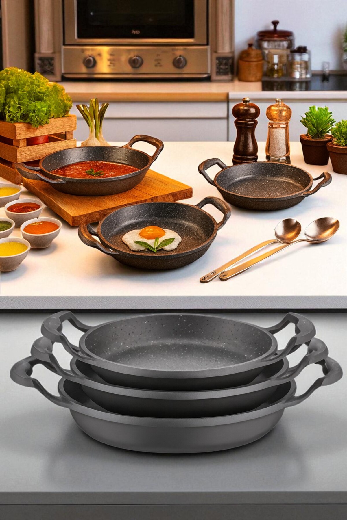 Umut 3'lü Döküm Granit Sahan Seti 18/20/22 Tava Seti Omlet Seti Küçük Tencere Seti kahvaltı sunum Siyah