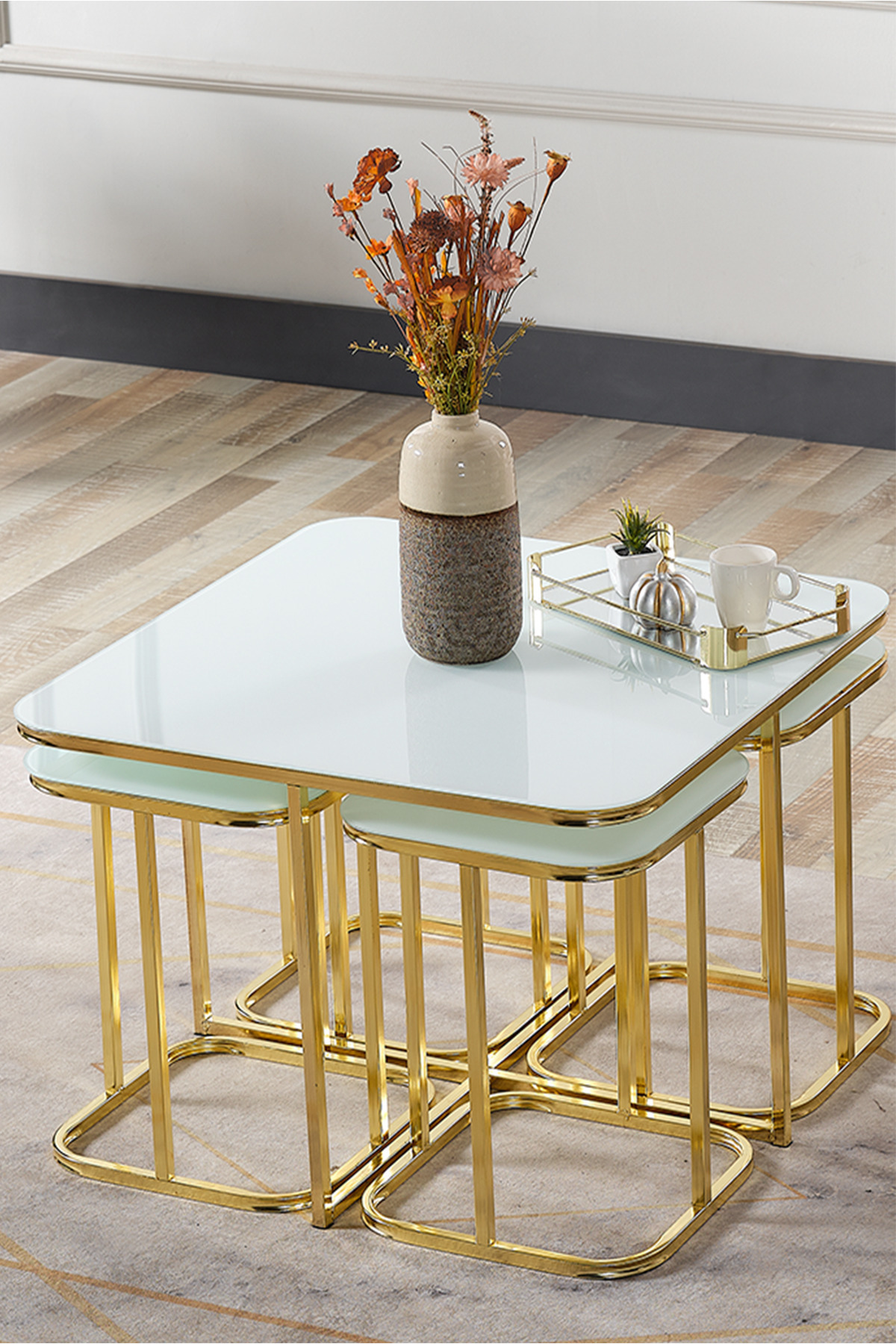 5 Li Sehpa Beyaz Temperli Cam Gold Metal Ayak Takım Sehpa Orta Sehpa Bohem lüx masa