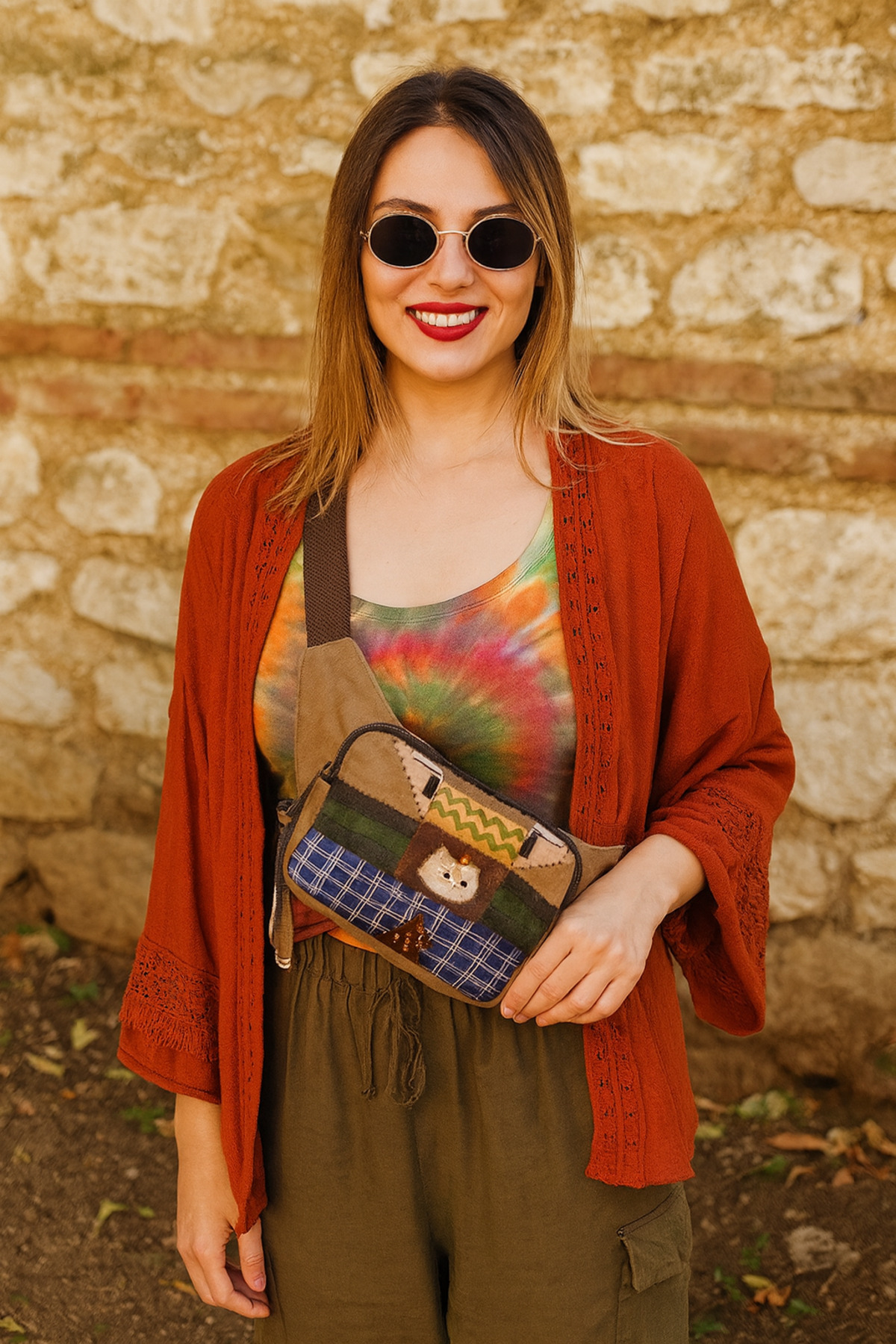 Street Bag Etnik Otantik Kedi Desenli Günlük Seyahat Bel Çantası Çok Cepli Suya Dayanıklı Su Geçirmez