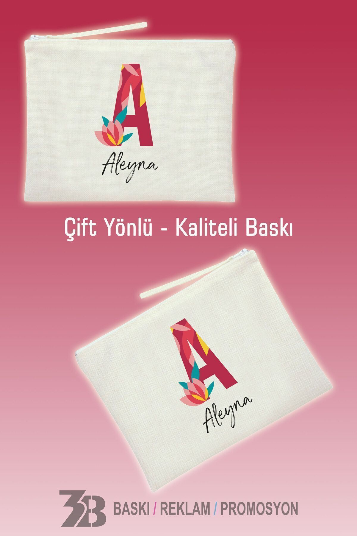 3B BASKI REKLAM PROMOSYON Kişiye Özel Isimli Keten El Çantası/makyaj Çantası-3b0001çtn