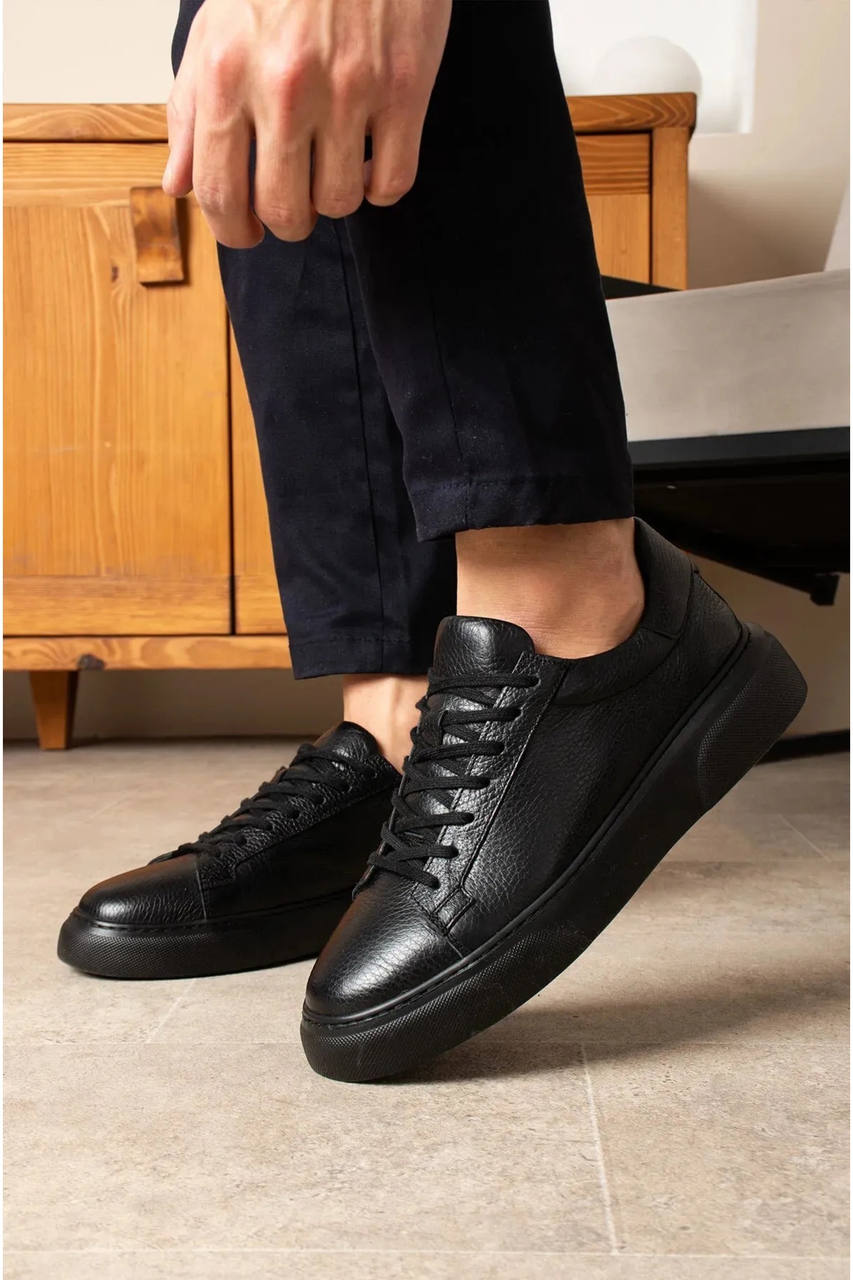 Tommy Günlük Erkek Hakiki Deri Sneaker Ayakkabı — مشکی 006 Tommy — تصویر 5 از 6