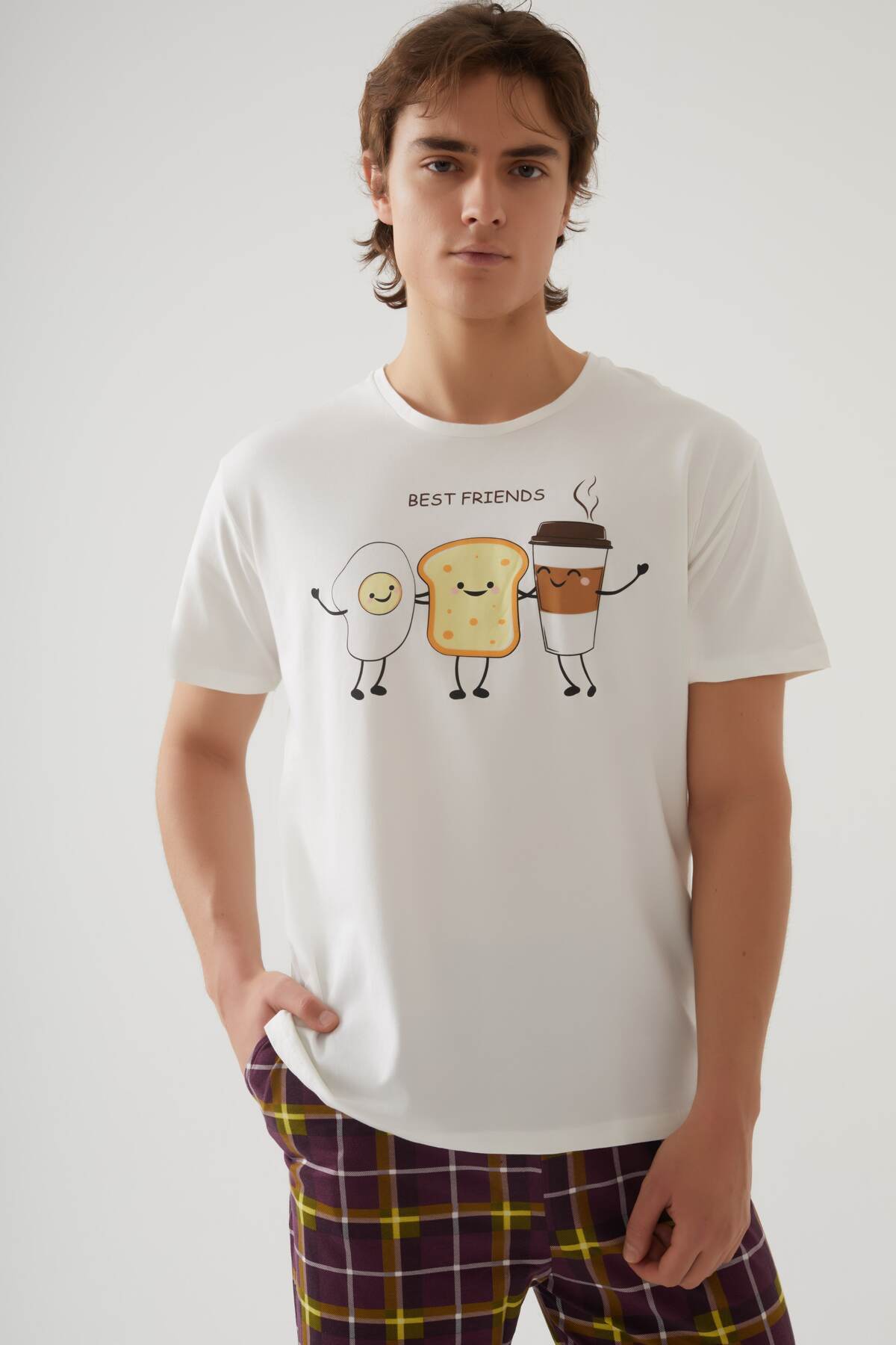 koza iç giyim  Erkek Kısa Kollu Pamuklu Ekose Desenli Breakfast Baskılı Pijama Takımı - Görsel 4