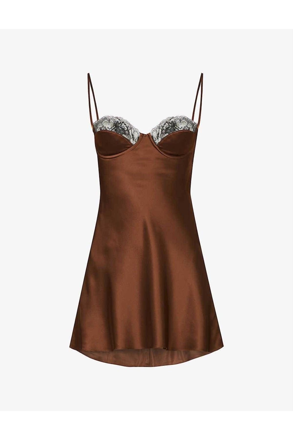 SanalBarkod Kadın Saten Kahverengi Dantel Detaylı Gecelik Mini Elbise