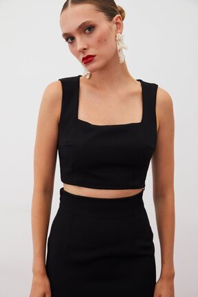 Sateen Kare Yaka Crop Bluz - Siyah