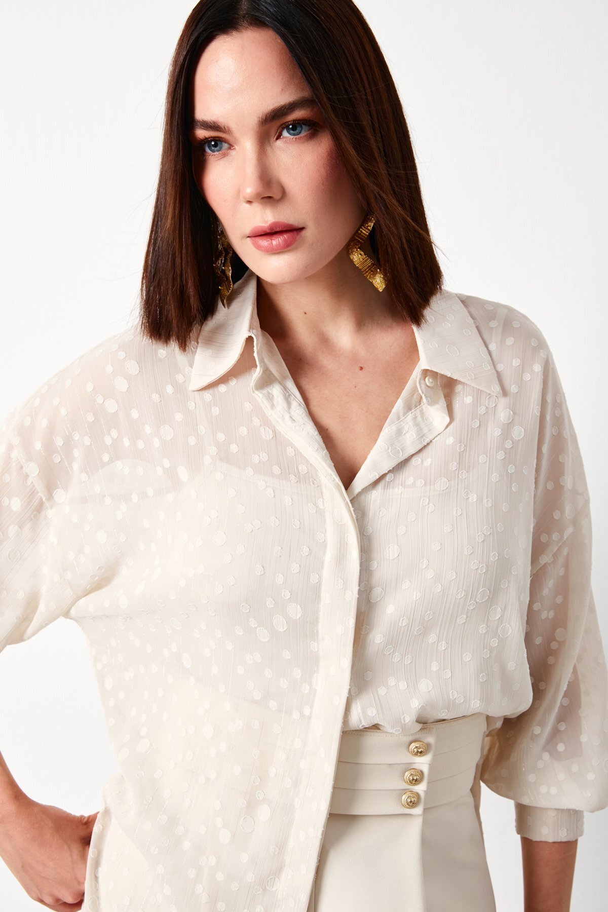 Sateen  Desenli Uzun Gömlek - Taş - Görsel 3