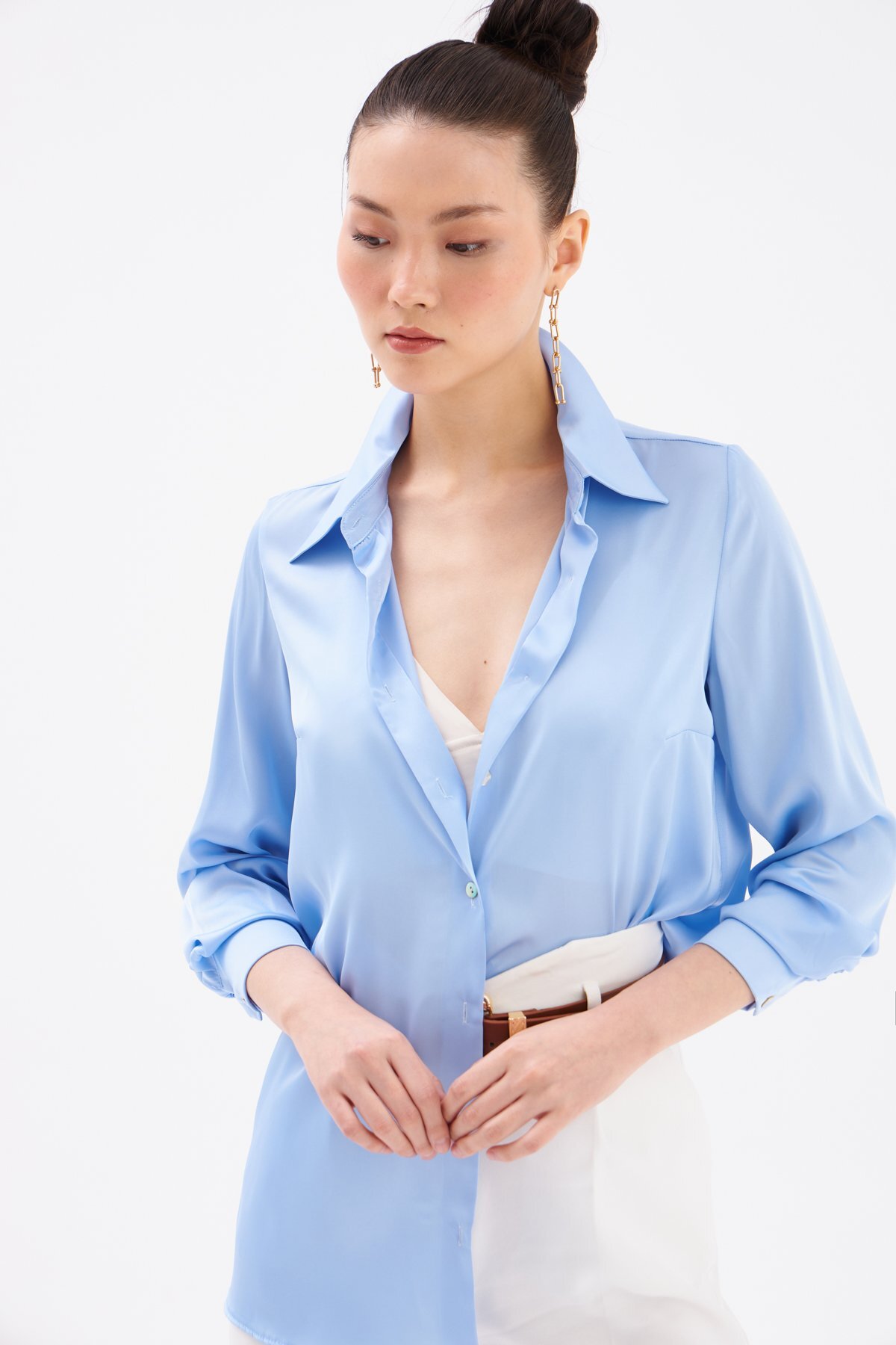 Sateen  Saten Gömlek - Mavi - Görsel 6