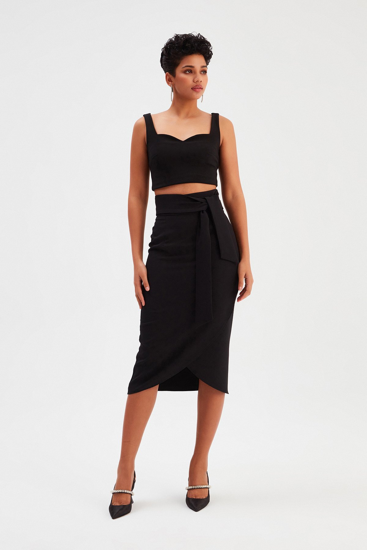Sateen  Kuşaklı Kalem Etek - Siyah - Görsel 3