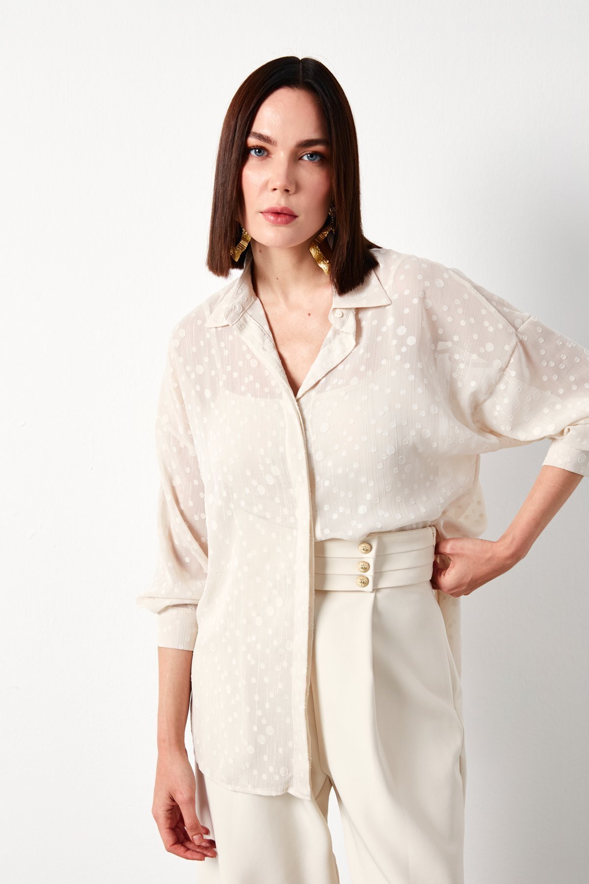 Sateen  Desenli Uzun Gömlek - Taş - Görsel 6