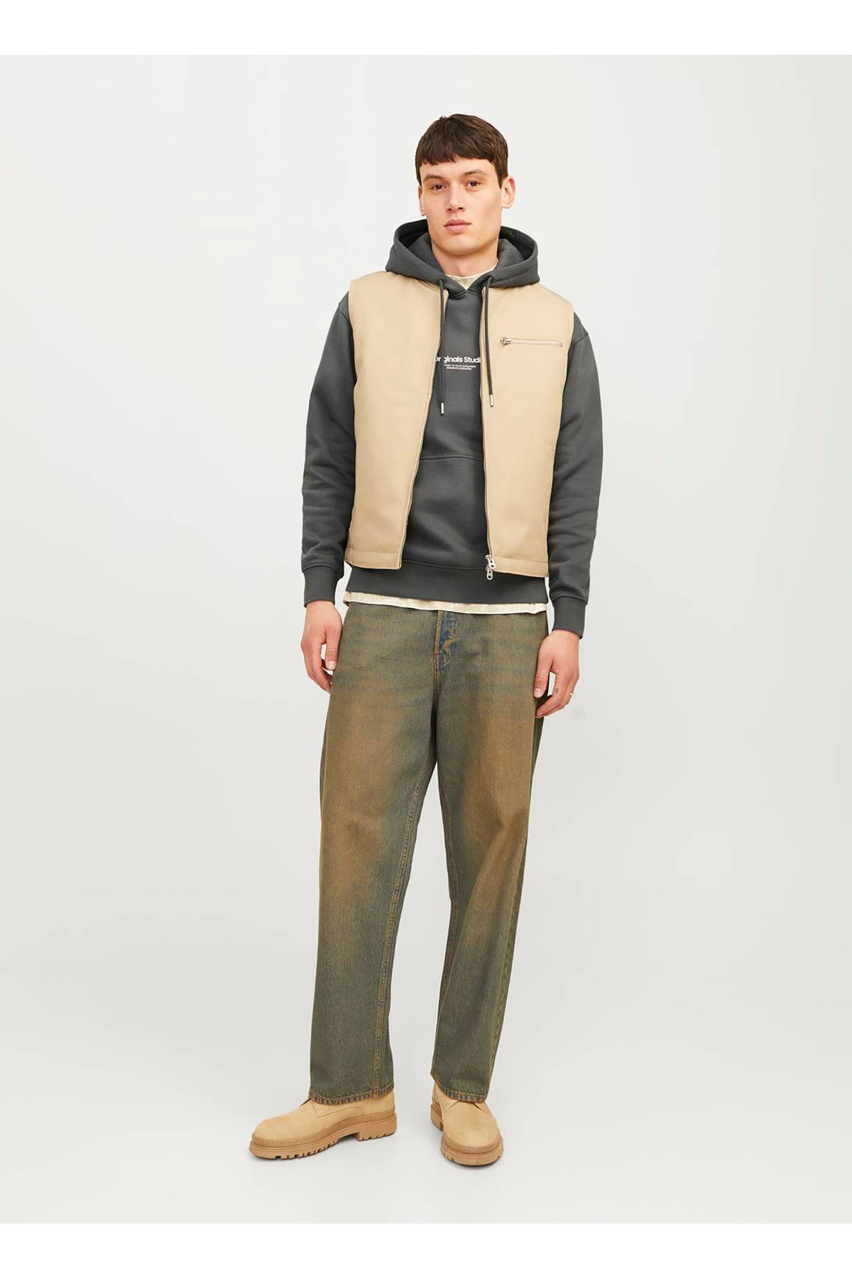 جک اند جونز سویشرت مردانه طوسی تیره یقه دار 12241687_JORVESTERBRO SWEAT HOOD NO