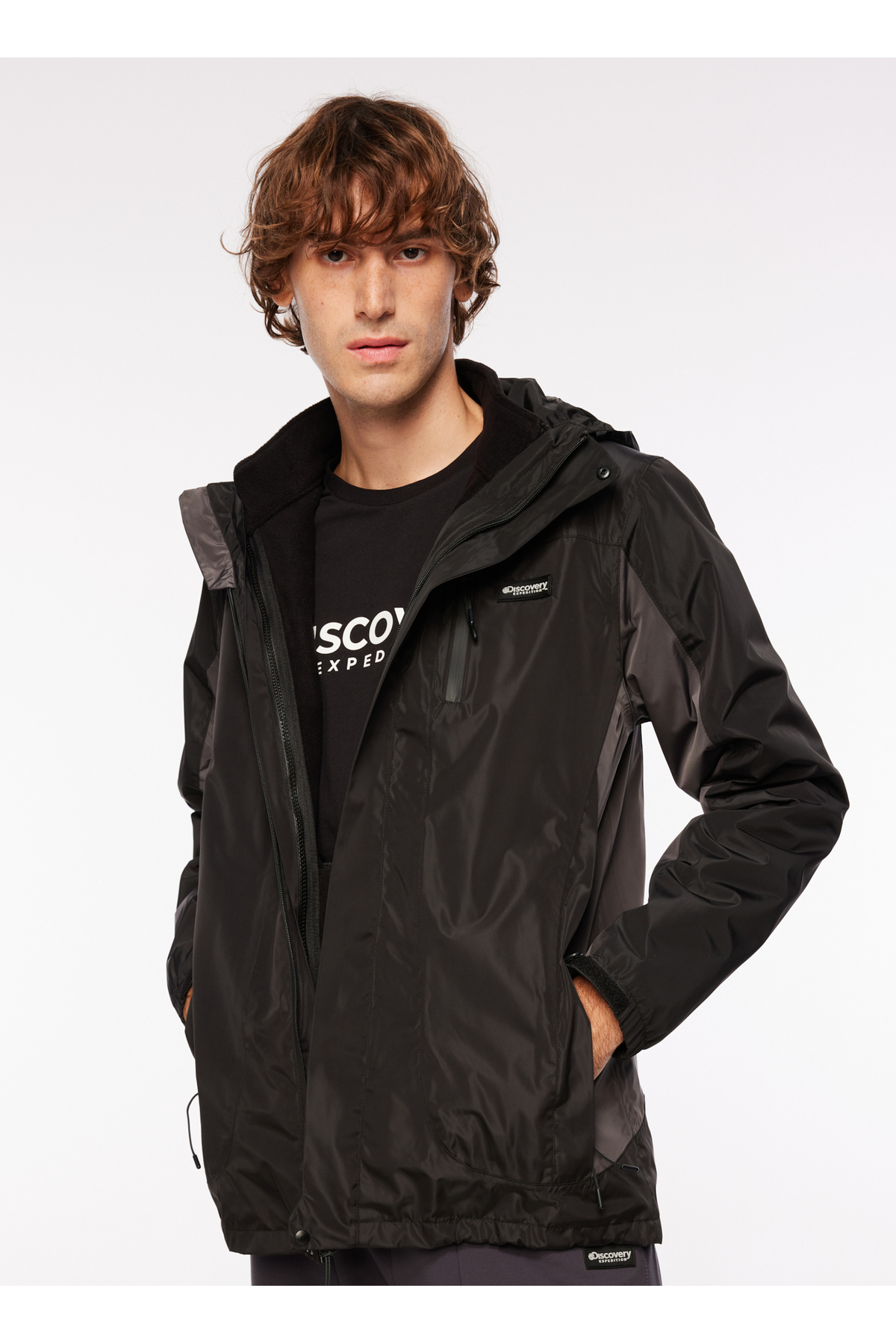 دیسکاوری اکسپدیشن مشکی - کت مردانه کلاه‌دار یقه آنتراسیت طرح‌دار استاندارد D3WM-MNT15