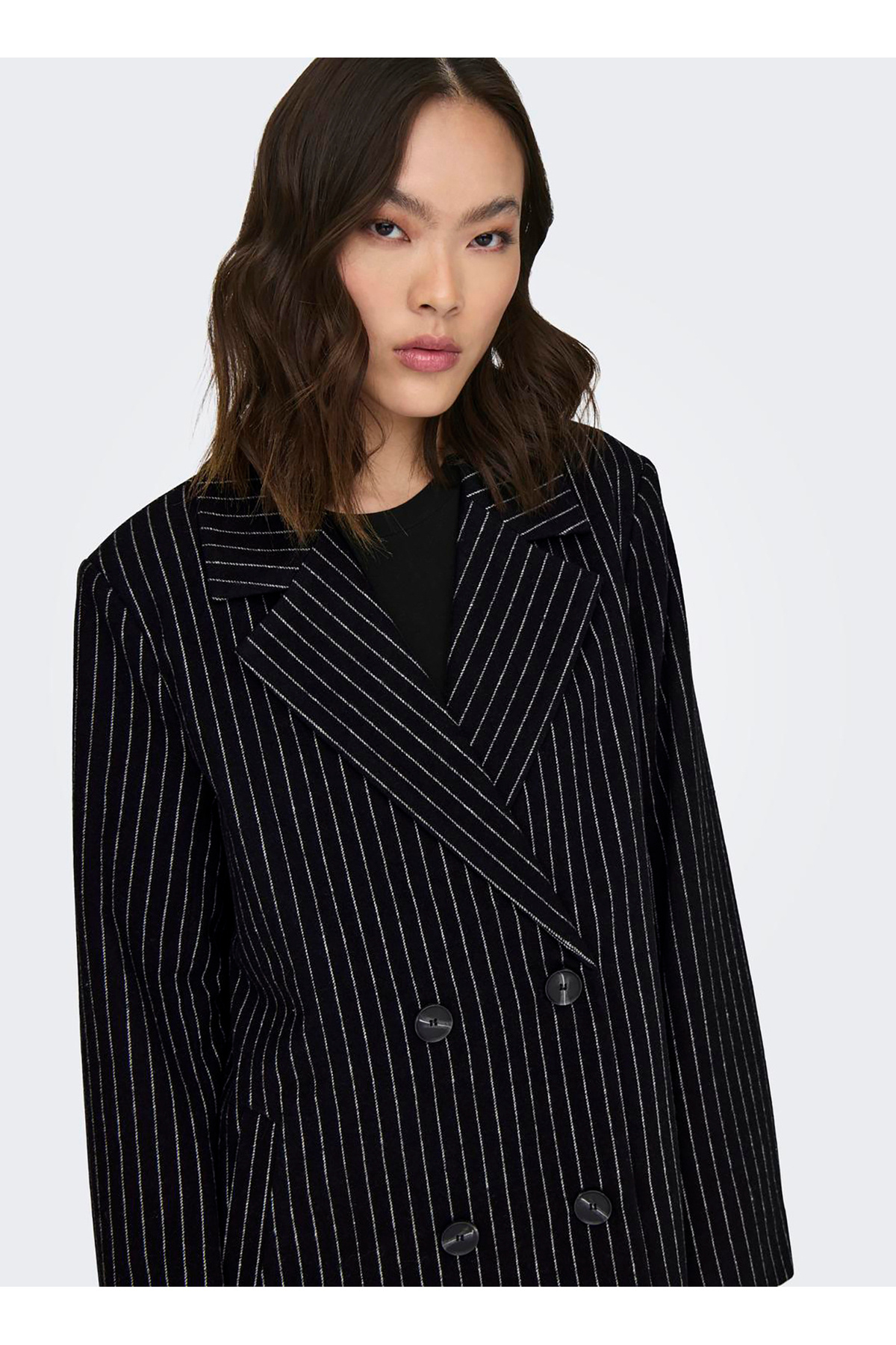 ONLY Koyu Siyah Kadın Çizgili Kaban 15293673 ONLJOSIE PIN STRIPE WOOL COAT CC OT görsel 3