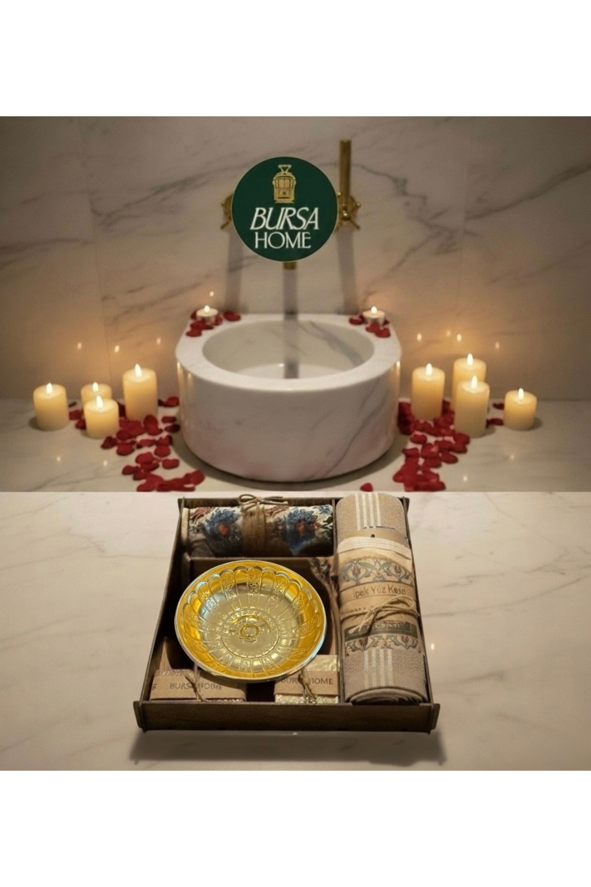 Luxury Turkish Bath Set with Box & Dowry & Gift (Soap,Silk Pouch ,Turkish Bath Bowl,Heel Stone,Peshtemal)