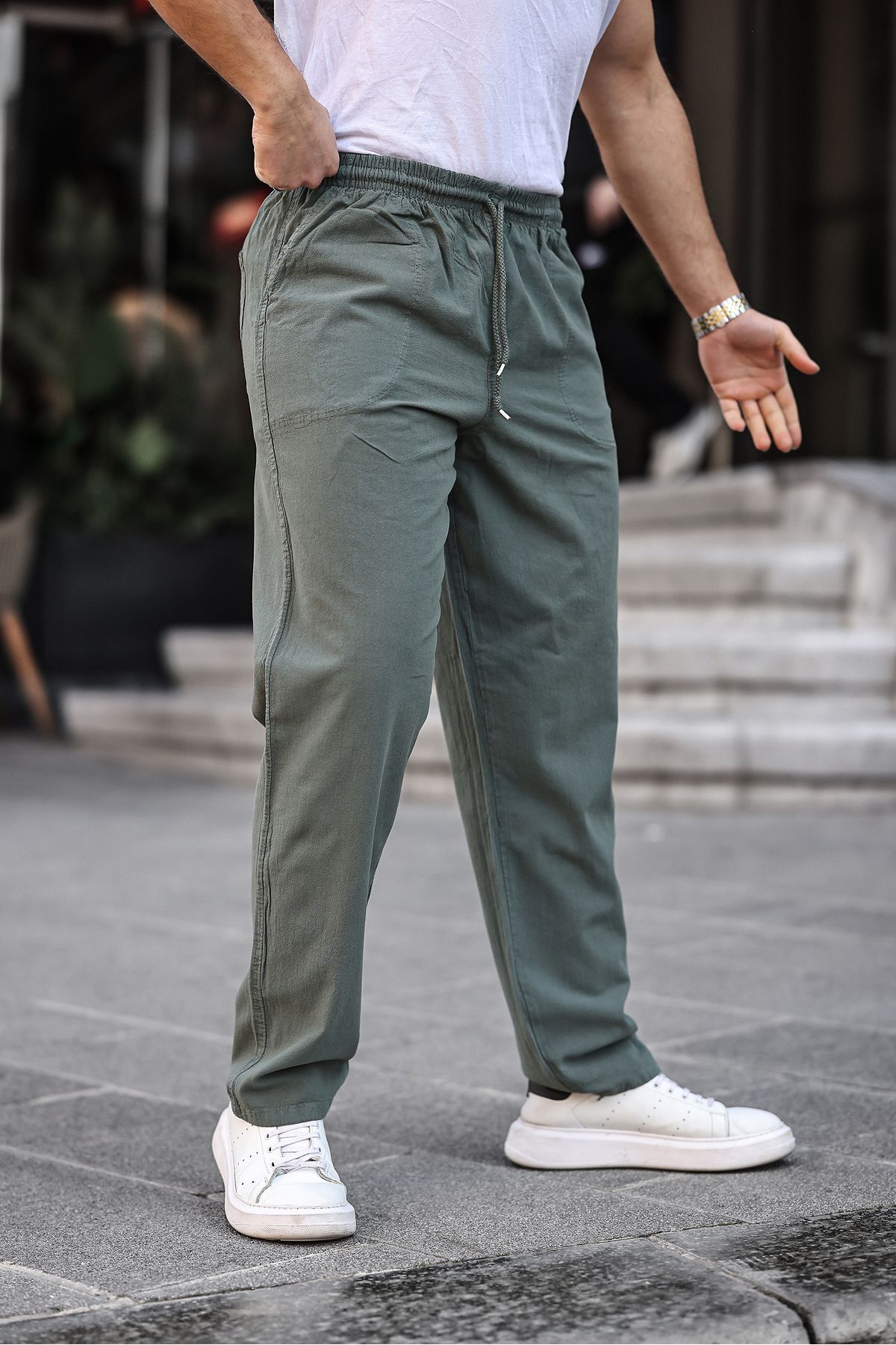 COMBİNE MİCHAİL  Haki Renk Erkek Yazlık Keten Karışımı Relaxed Pantolon - Görsel 5