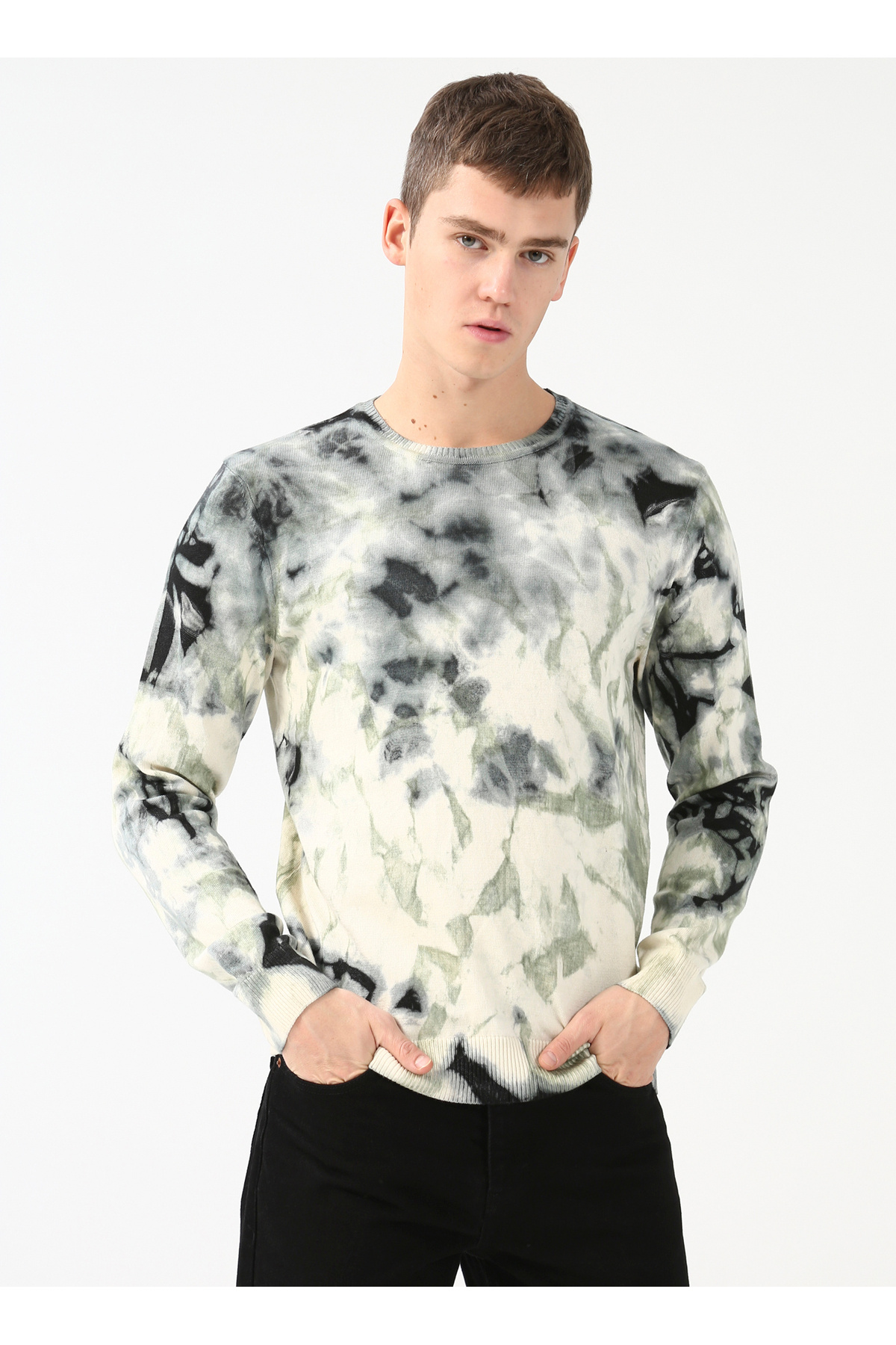 آئروپوستال پلیور مردانه یقه گرد طرح باتیک سبز E-yatik