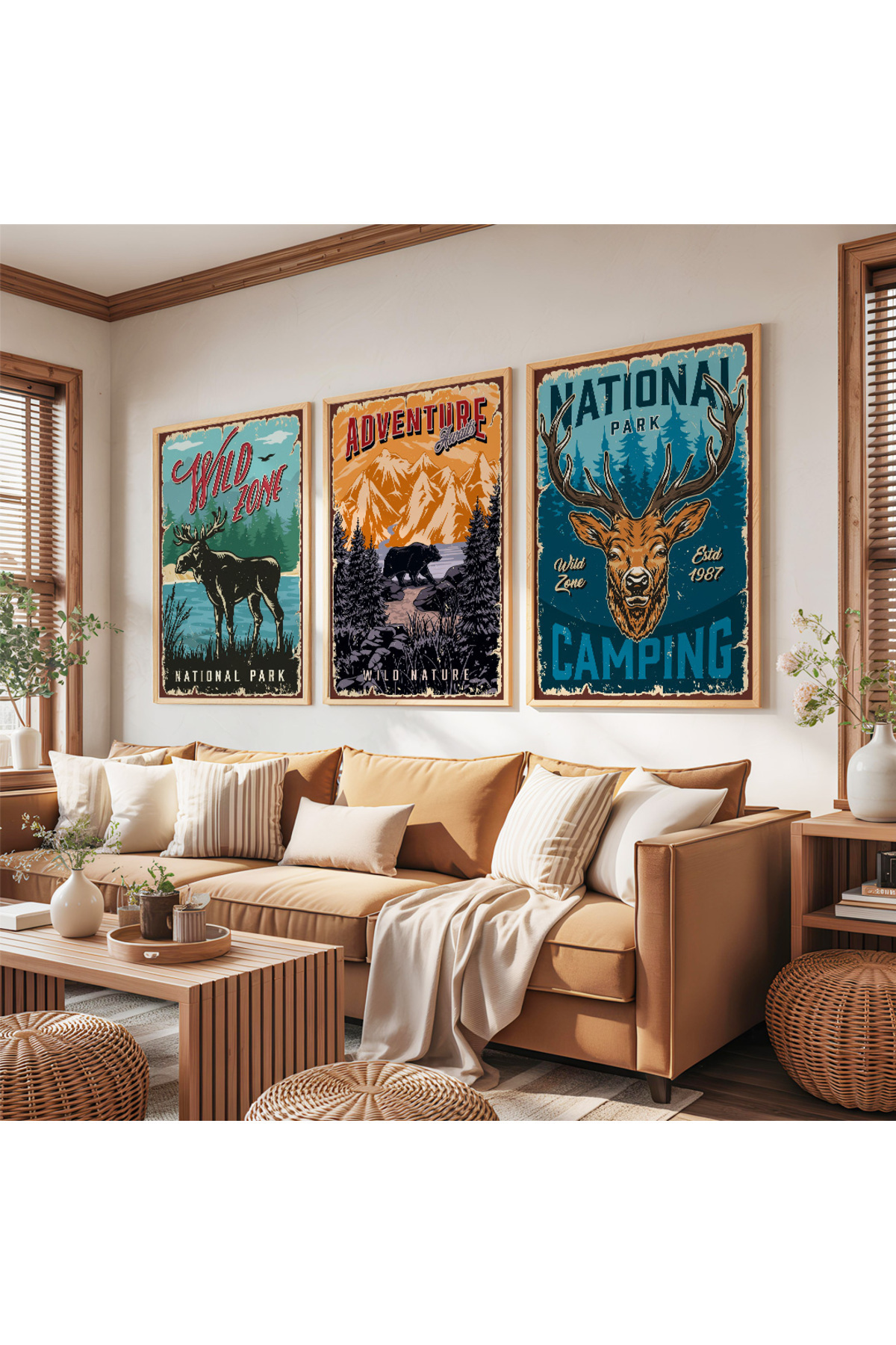 Zevahir Mobilya Dekorasyon Wooden Framed Nature Adventures Triple