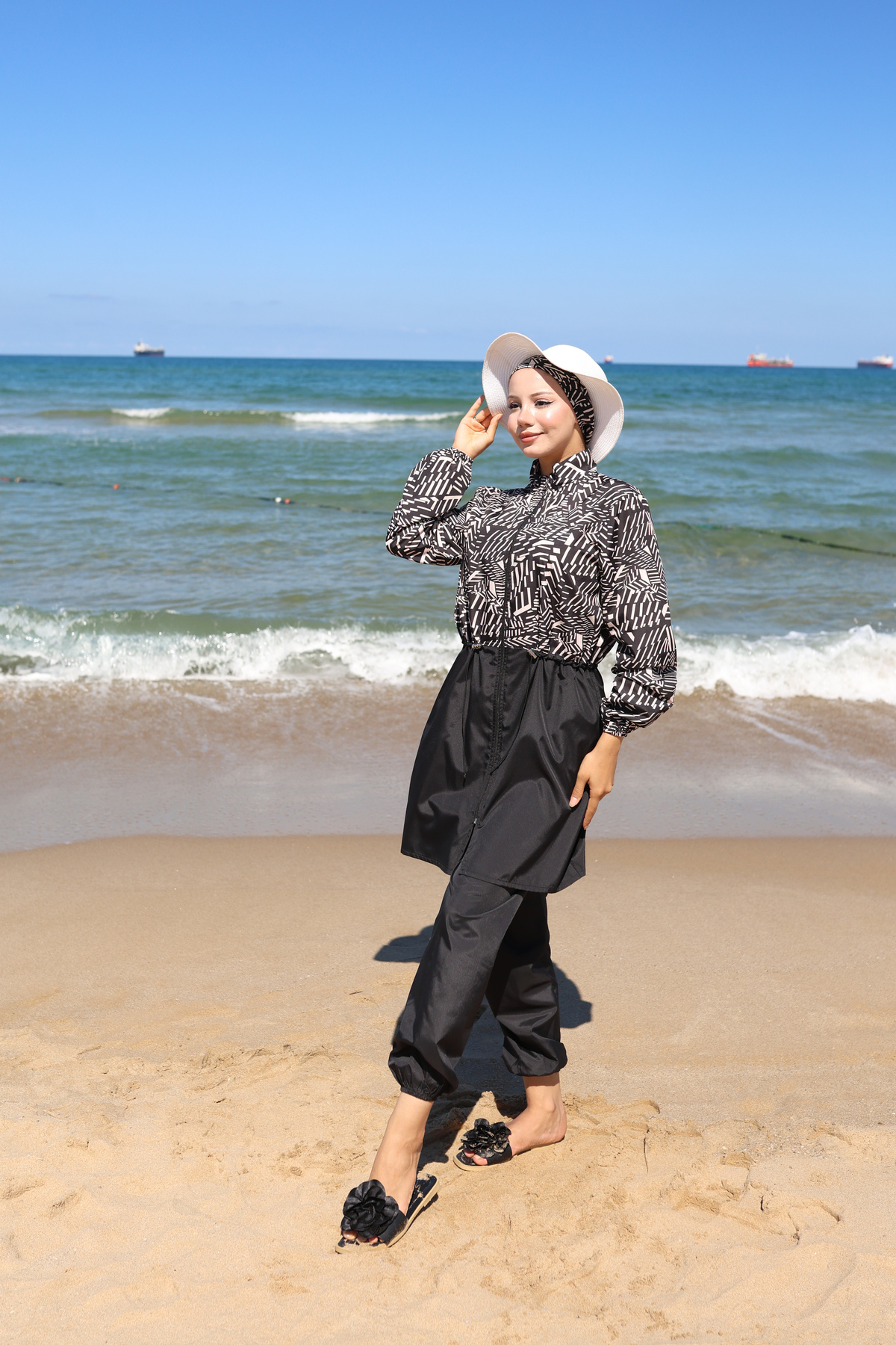 Digital Printed Waist Lace-up Modest Swimwear Bonnet Gift