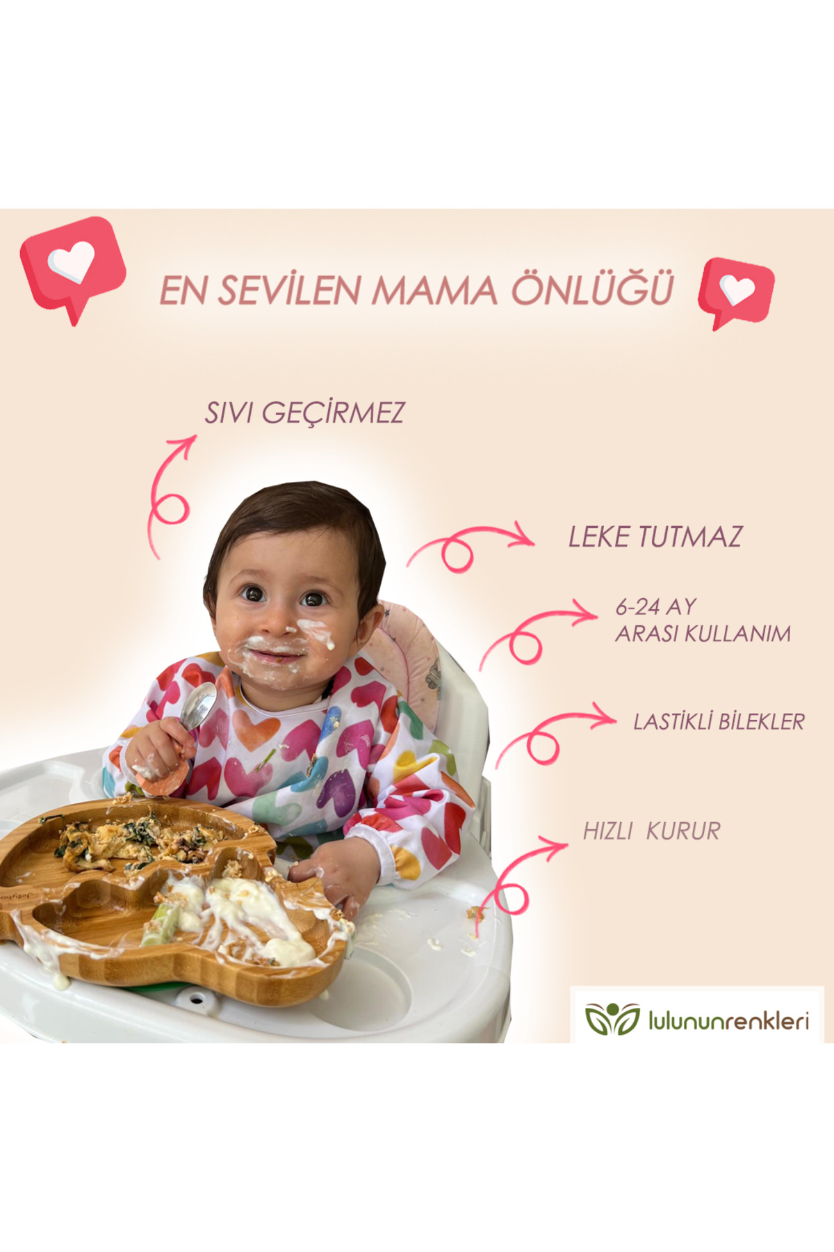 Lulunun Renkleri Su Geçirmez Uzun Kollu Bebek Mama Önlüğü – Kolay Temizlenebilir, Leke Tutmaz, 6-24 Ay fotoğrafı 4 (önizleme)